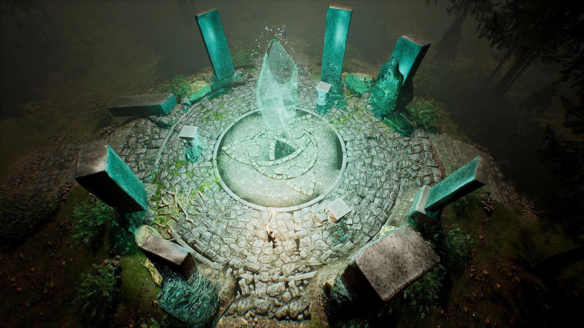 Brightfall: Glowing crystal rising over a rune stone circle, surrounded by toppled monoliths in fog.
