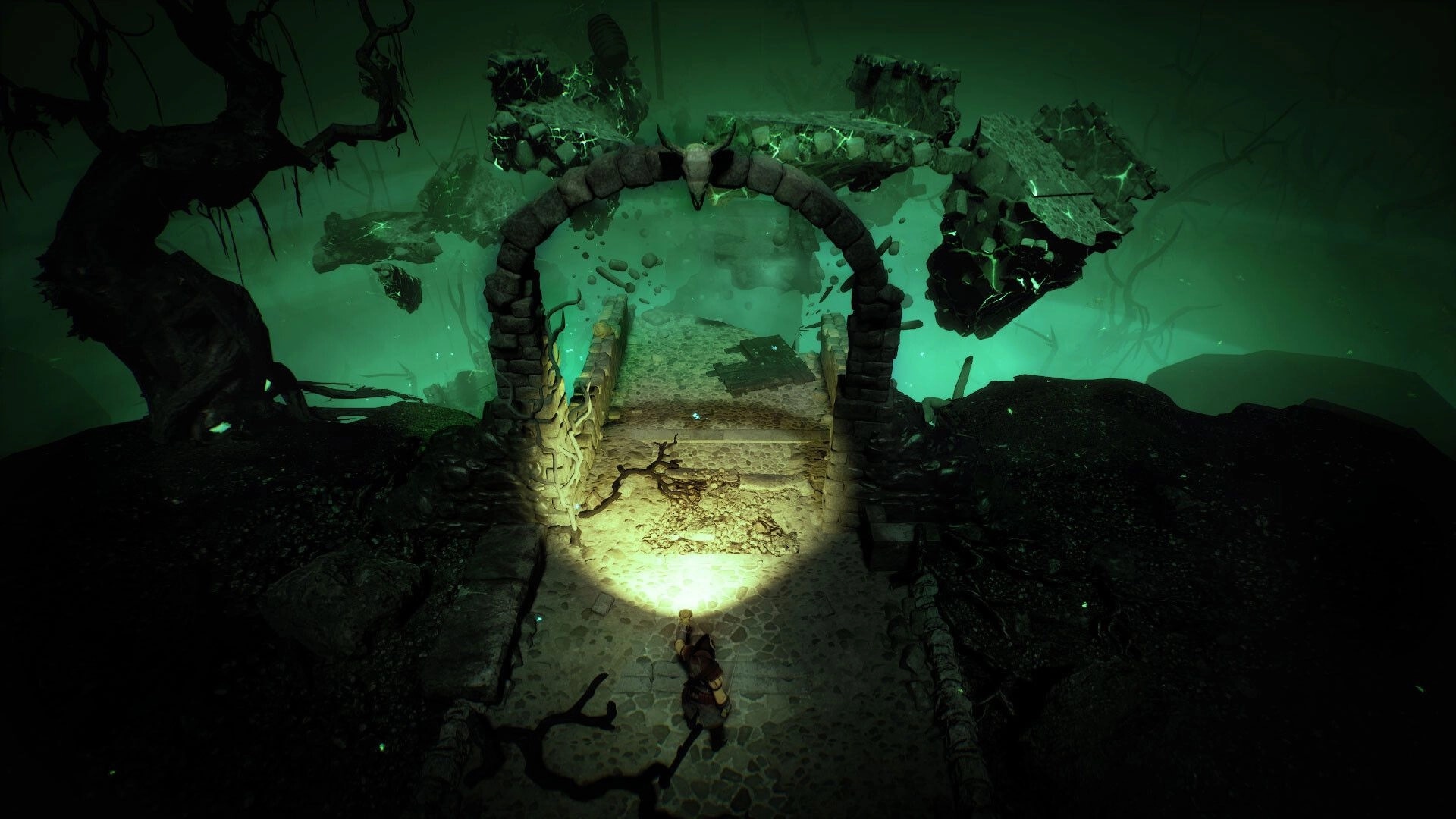 Brightfall: Player shines a torch through a ruined stone archway amid green fog and floating rocks.