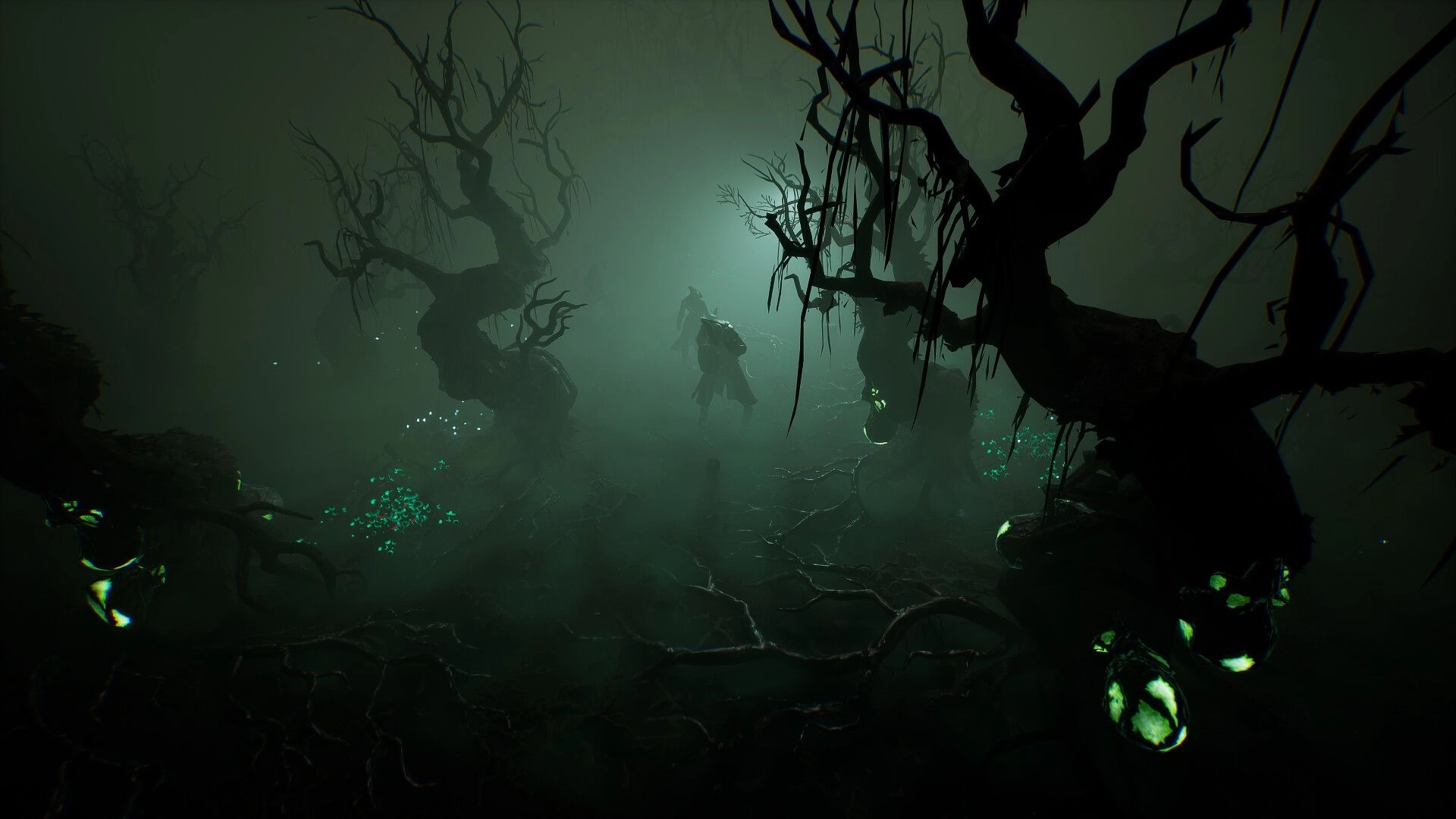 Brightfall: Lone explorer walks through twisted trees and glowing pods in a foggy swamp at night.
