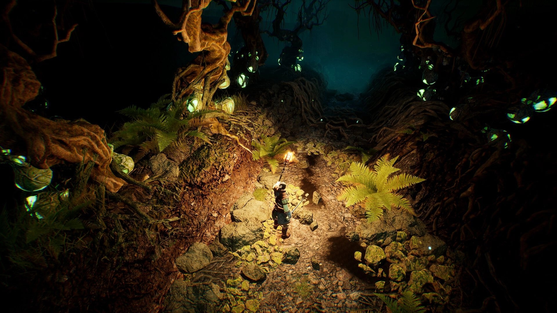 Brightfall: Torchlit adventurer explores a root-choked cave path with glowing pods and ferns in darkness.