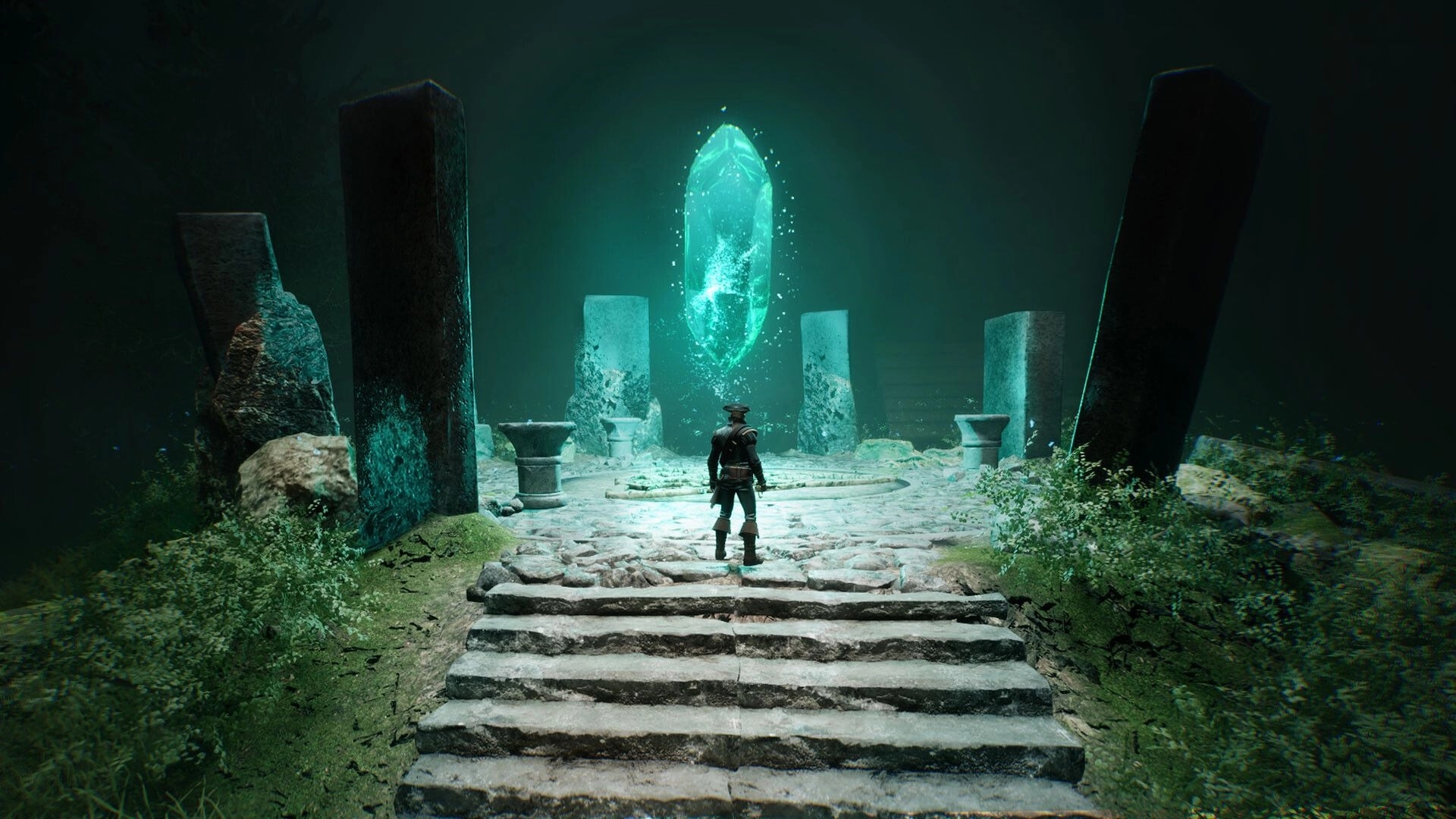 Brightfall: Lone explorer faces a glowing blue crystal portal amid ruined stone pillars in a misty shrine.