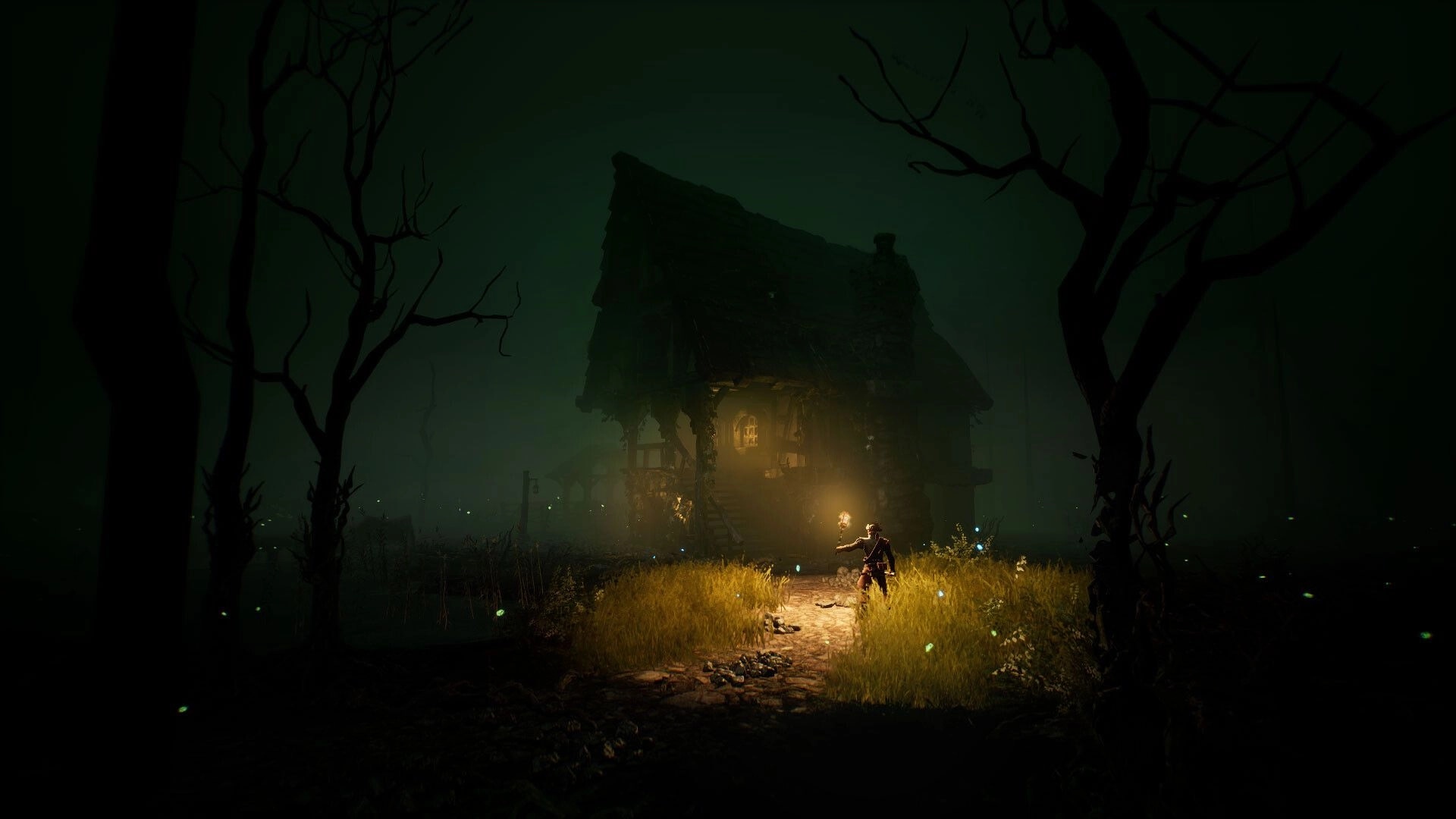Brightfall: Torchbearing survivor runs toward a lit cottage on a foggy path through dead trees.