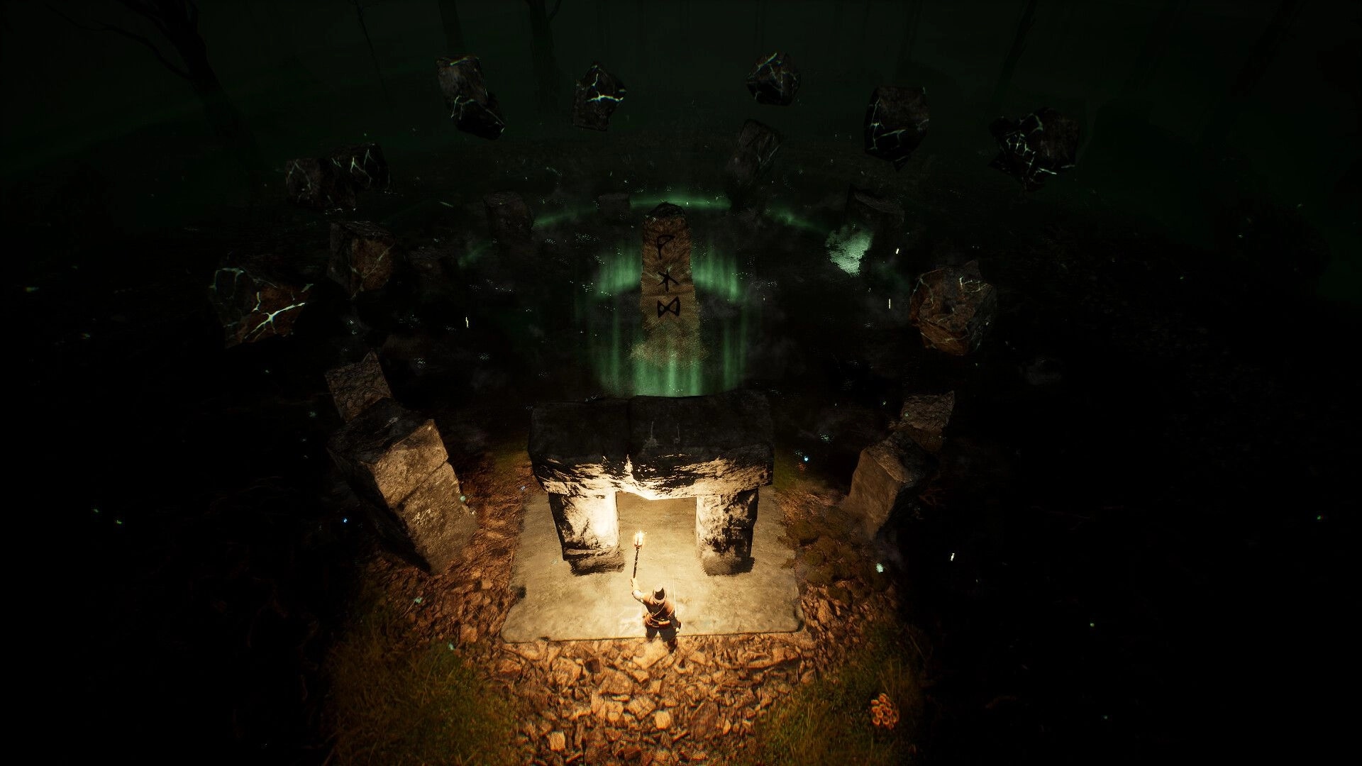 Brightfall: Torchbearer stands before a rune monolith and levitating stones in a dark grove.