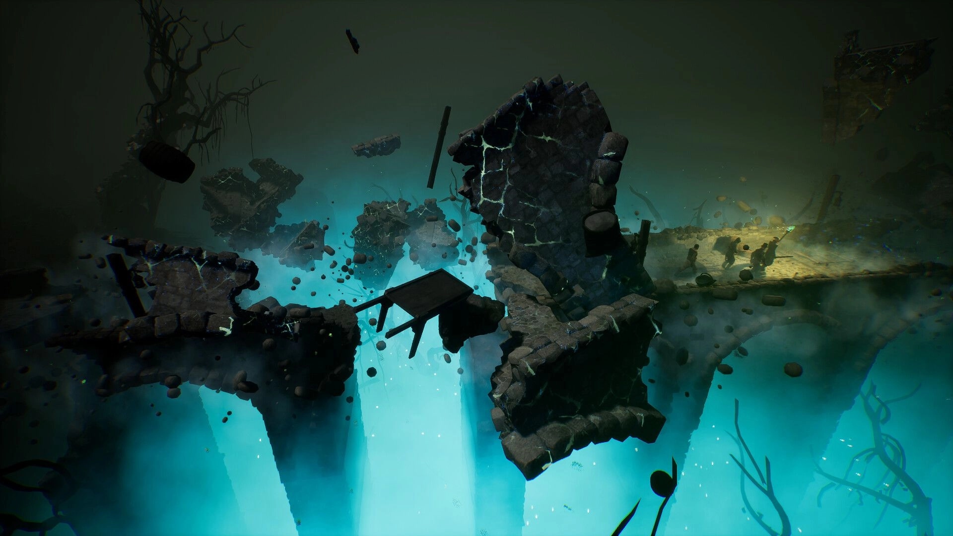 Brightfall: Floating cracked stone ruins and debris over a glowing blue chasm in eerie foggy void.