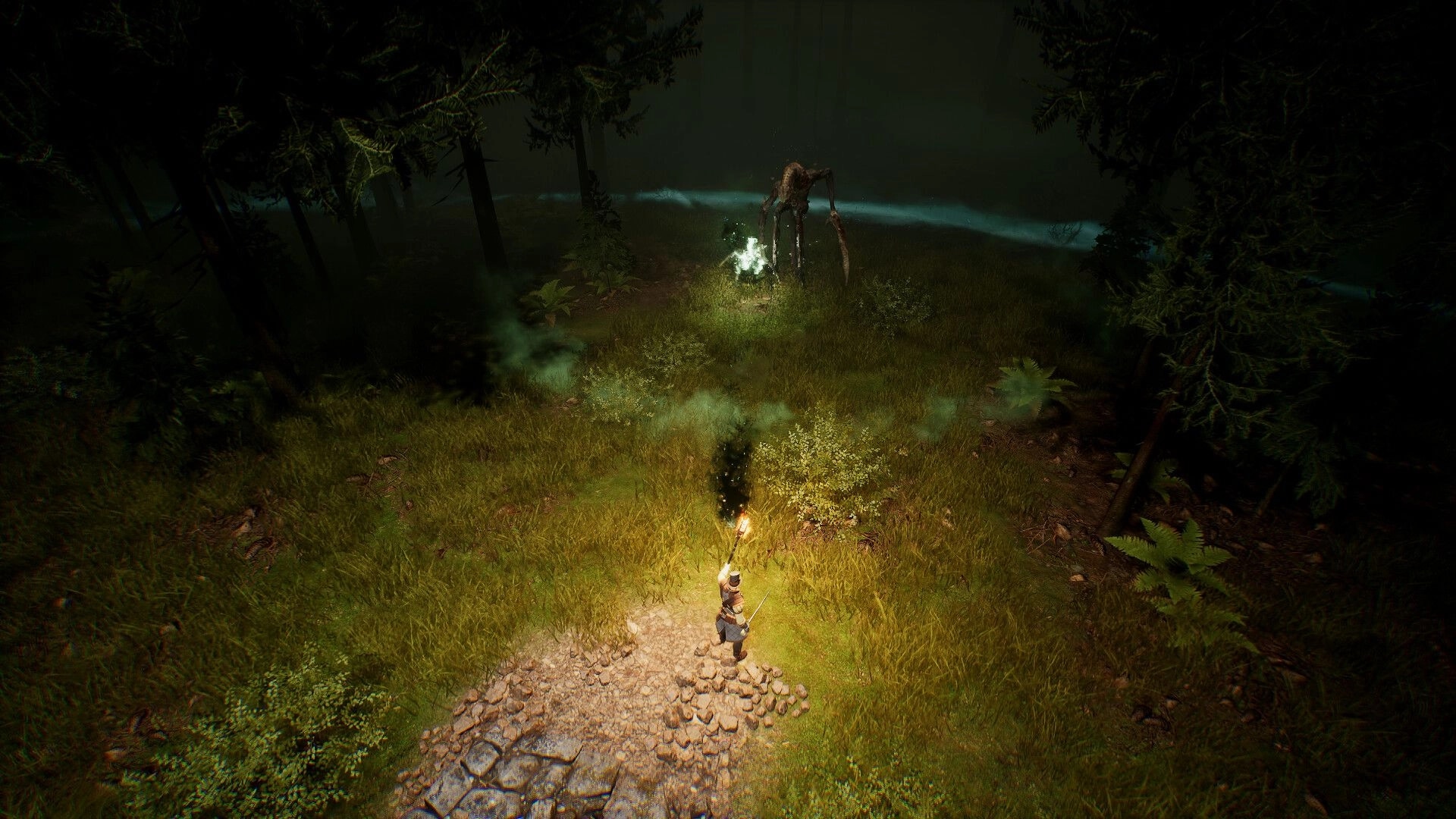 Brightfall: Torch-bearing survivor faces a tall shadow creature in a misty forest clearing at night.