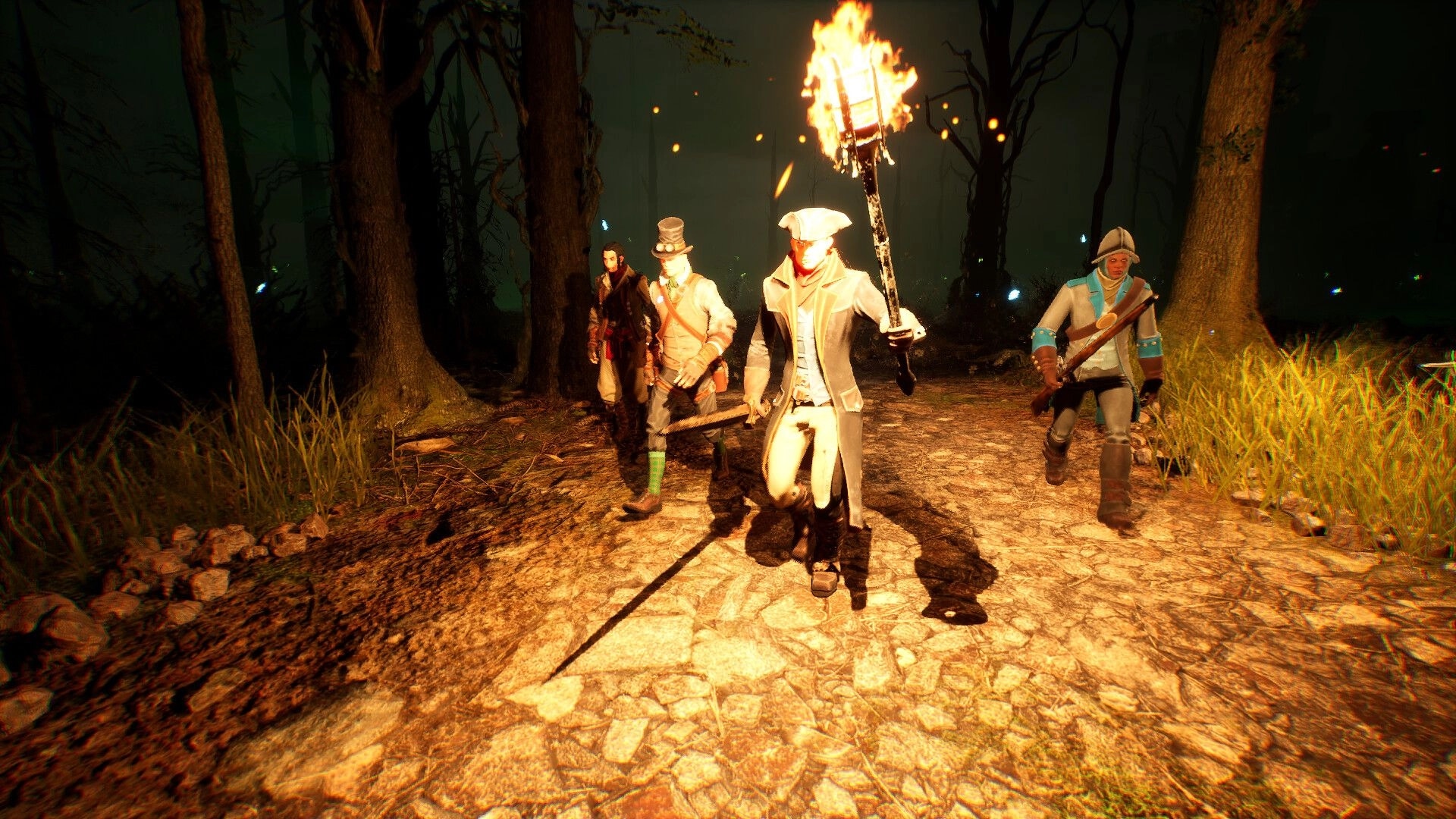 Brightfall: Four survivors run with a flaming torch down a forest path in eerie darkness at night.