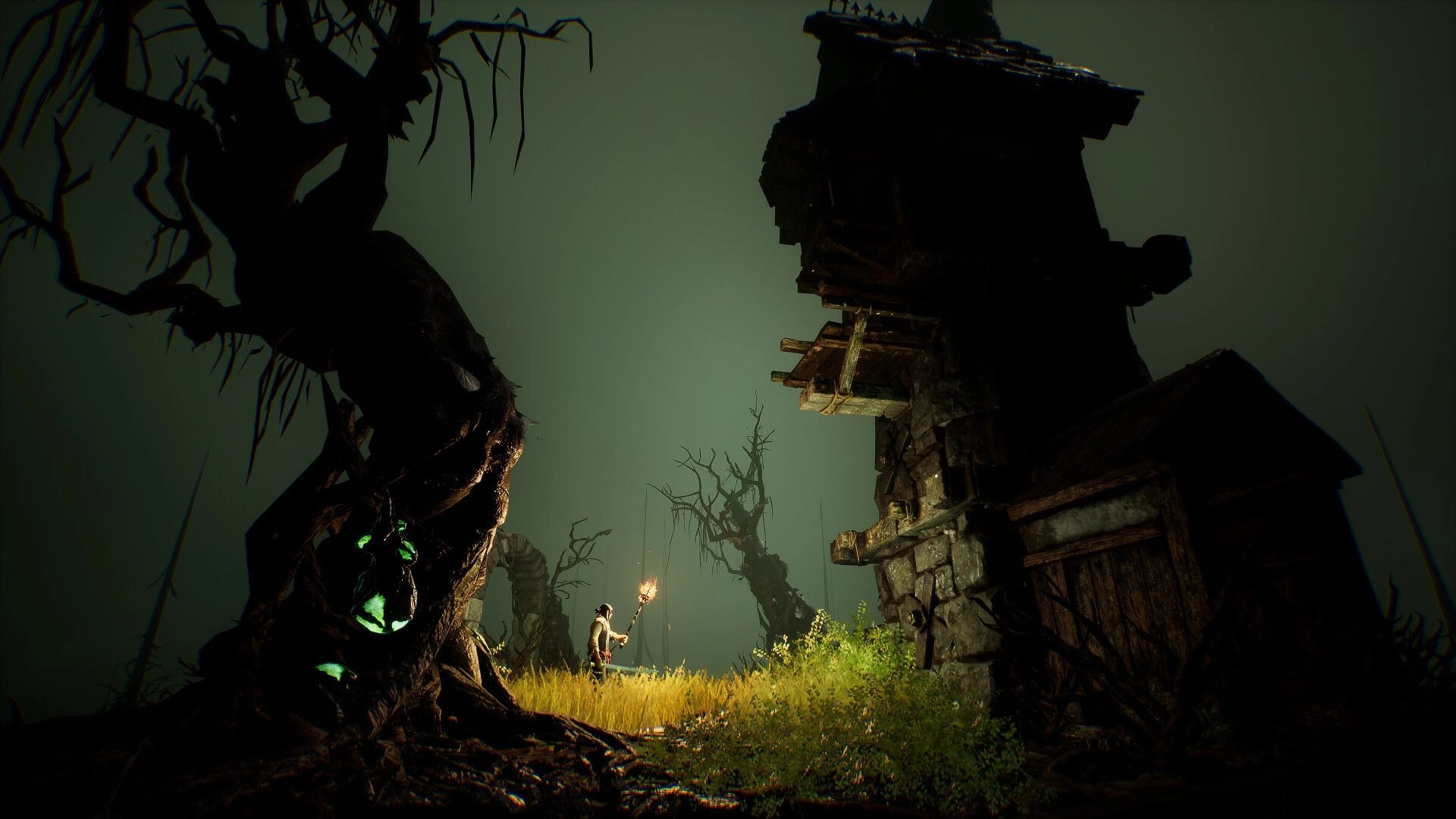 Brightfall: Torch-bearing survivor approaches a ruined stone tower in a foggy, twisted forest clearing.