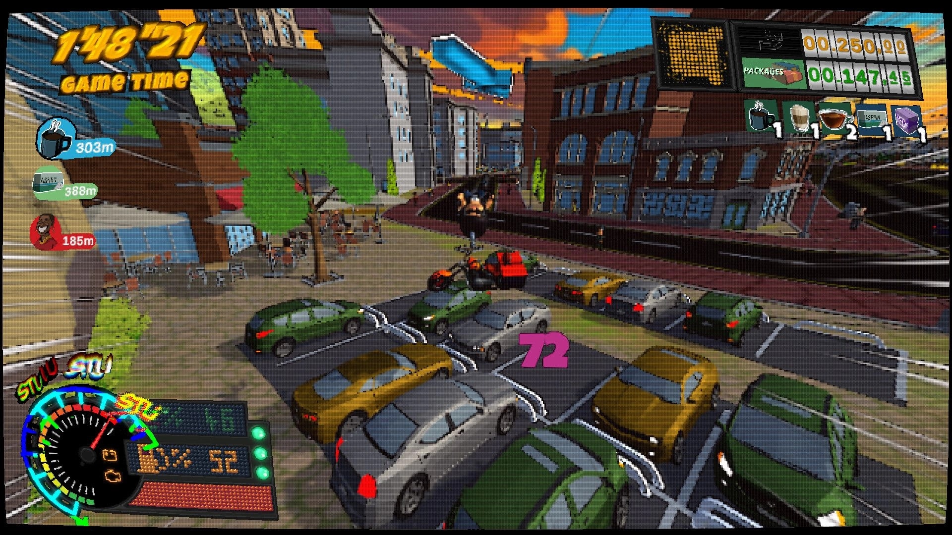Bring It: Courier bike jumps over traffic with delivery icons and timer HUD in a downtown street at sunset.