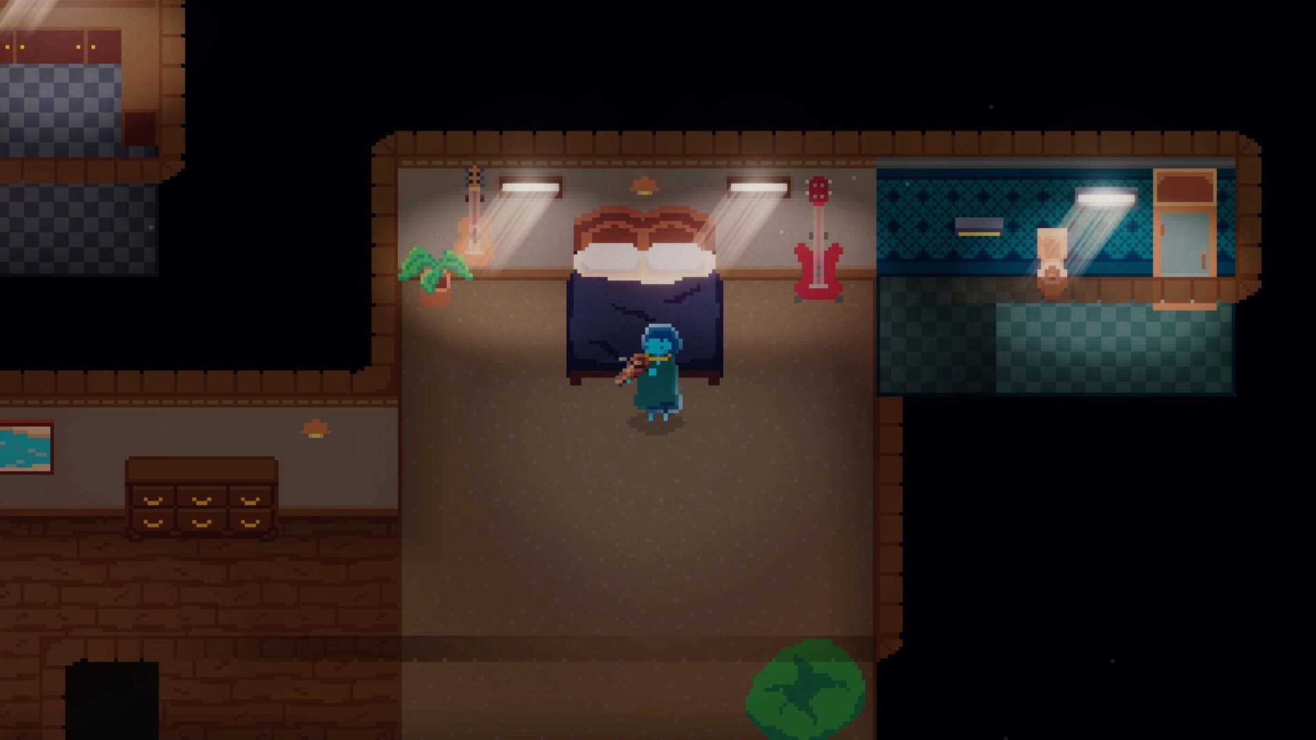 Bring Me Hope: Hooded character stands by a bed in a cozy room with guitars, plant, and dresser.