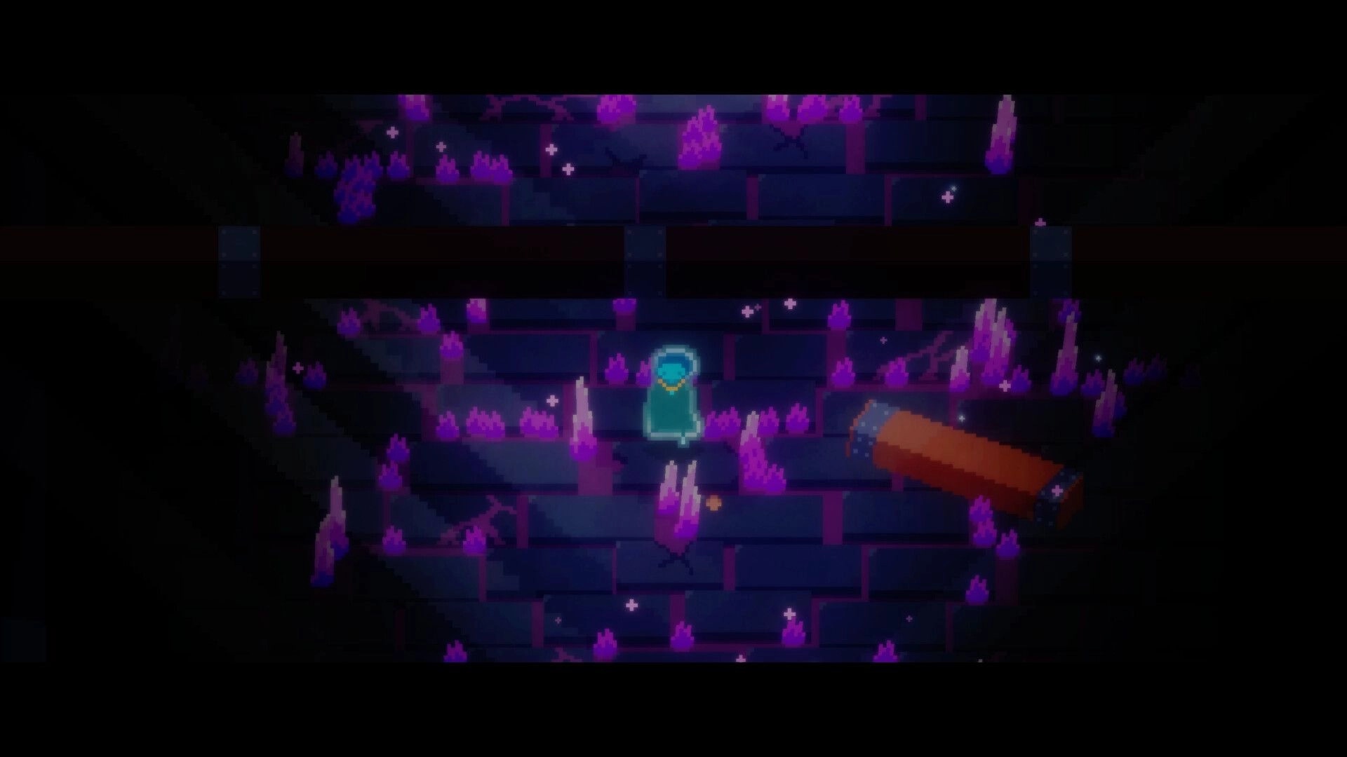 Bring Me Hope: Hooded character explores purple crystal cavern with brick paths and fallen pillar nearby.