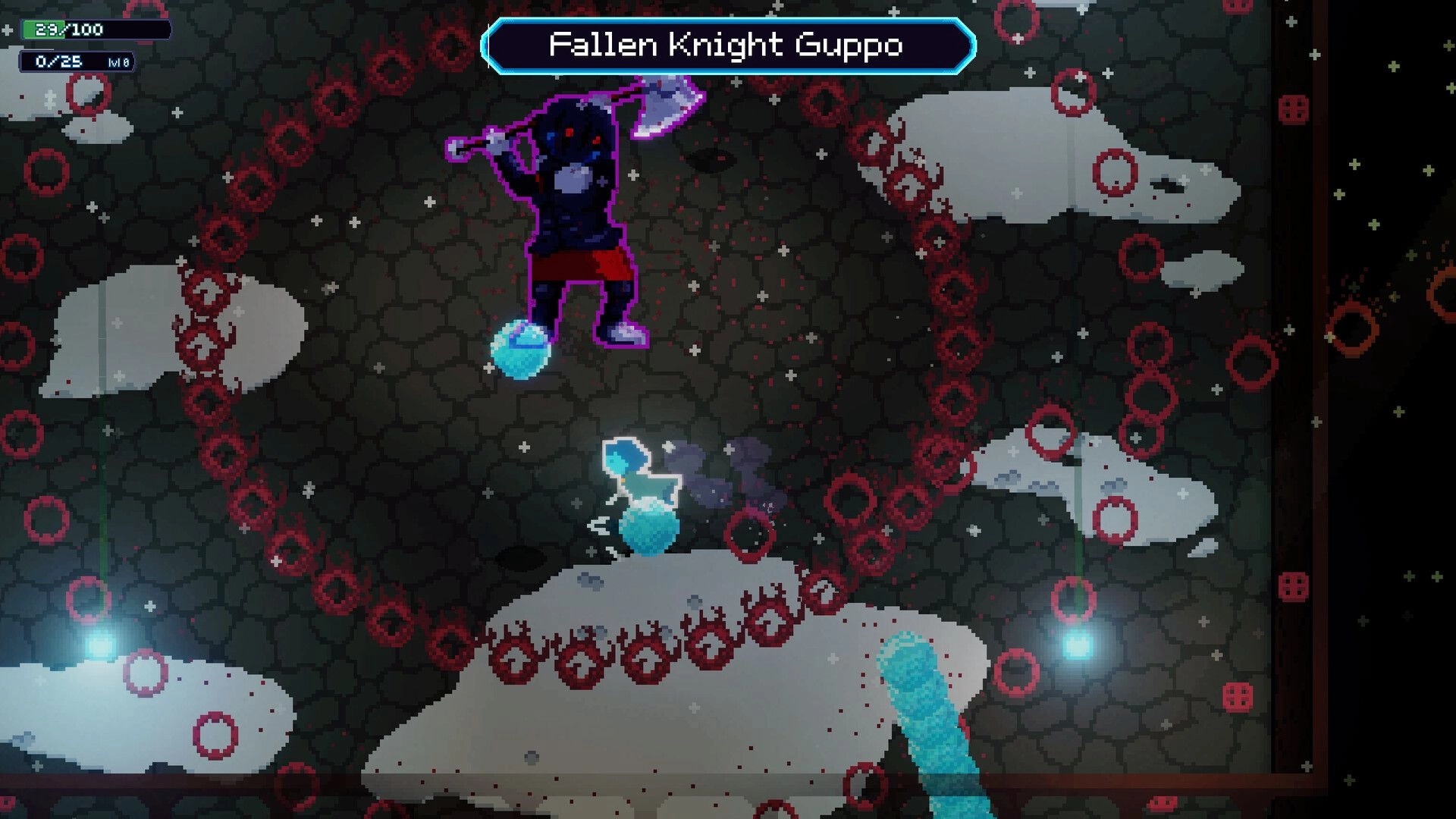 Bring Me Hope: Boss fight vs Fallen Knight Guppo amid red bullet rings in a dark cavern arena.