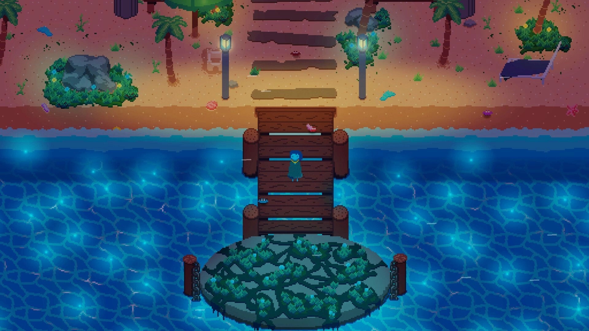 Bring Me Hope: Cloaked character stands on a wooden pier over glowing water by a lamplit beach path.