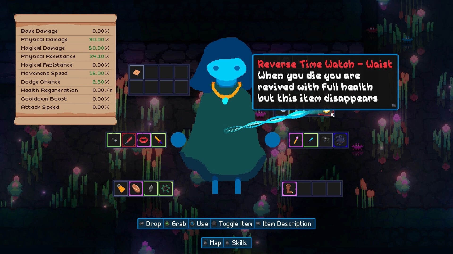 Bring Me Hope: Inventory screen with stats and Reverse Time Watch tooltip over hooded character in cave.