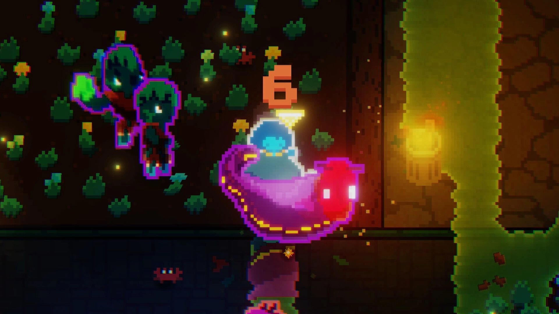 Bring Me Hope: Red-eyed snake hovers by hooded hero as a 6 damage pop-up flashes in a cave corridor.