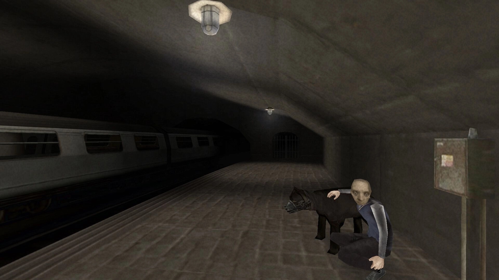 Brno Transit: Trainee metro driver crouches beside dog on dimly lit subway platform with train nearby