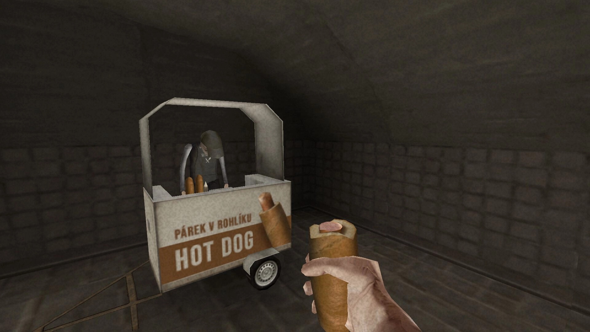 Brno Transit: Player holds a hot dog in a dim subway tunnel near a vendor cart labeled "HOT DOG"