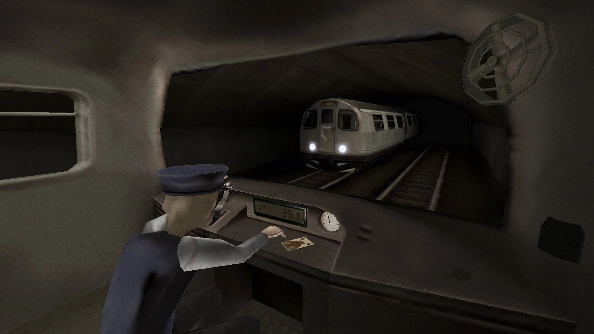 Brno Transit: Trainee metro driver controls train in dimly lit tunnel, approaching another subway train.