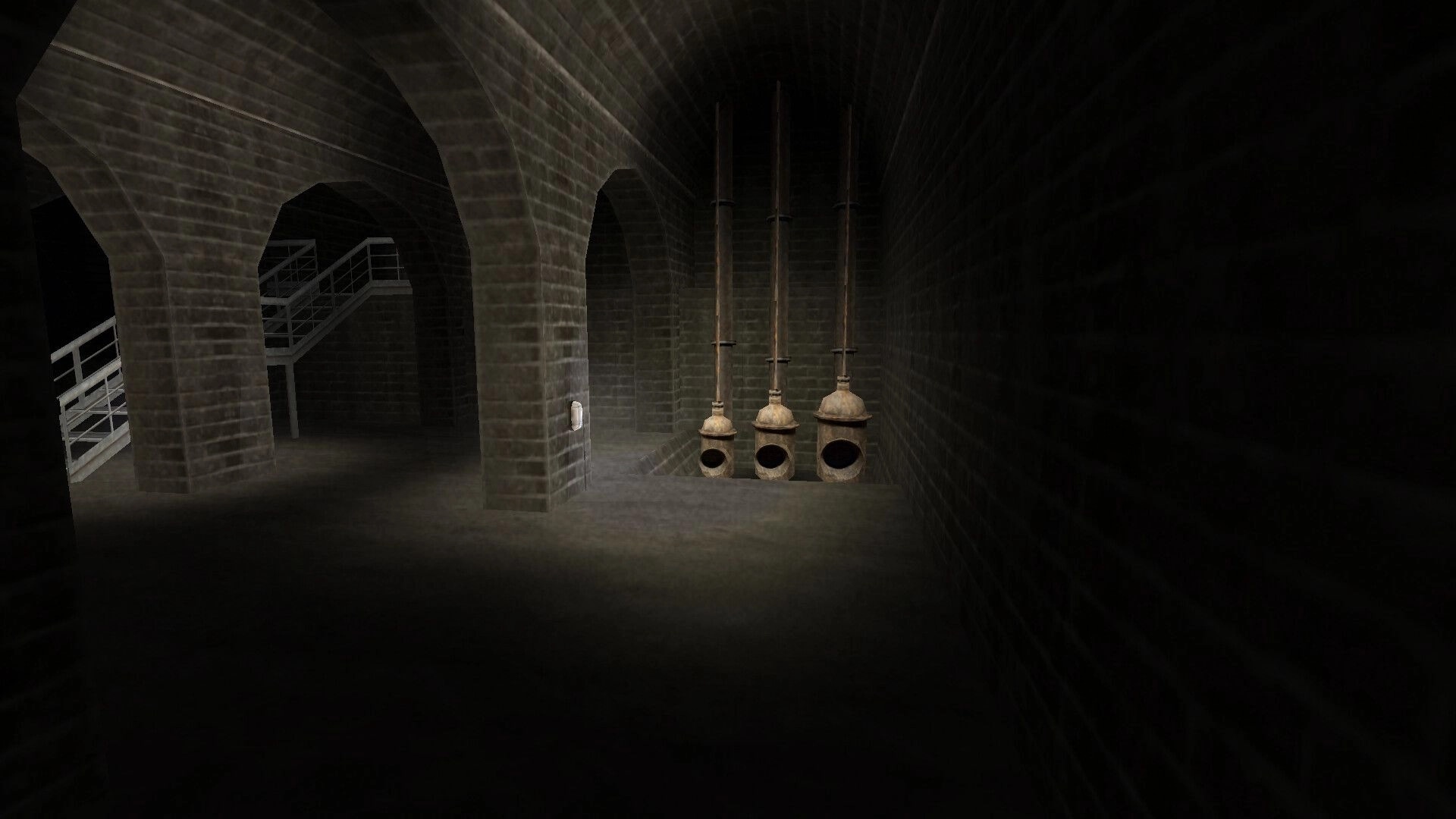 Brno Transit: Dark underground corridor with old pipes and dimly lit stairs leading to an unknown area