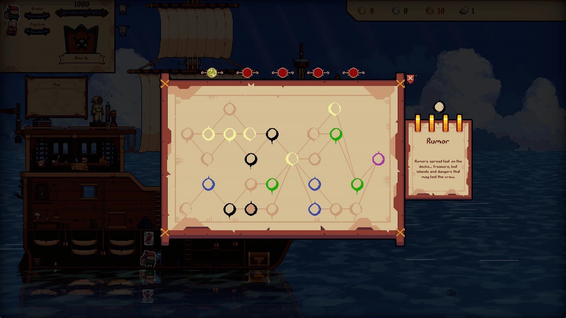 Broadside Bets: Branching encounter map with colored nodes over ship deck UI and a Rumor note panel.