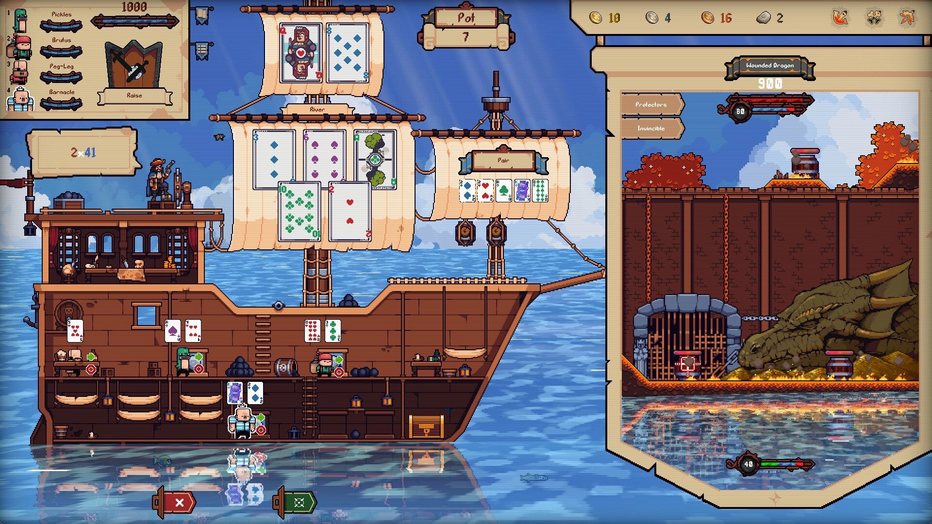 Broadside Bets: Pirate ship card battle UI with crew and hand vs Wounded Dragon in seaside arena.