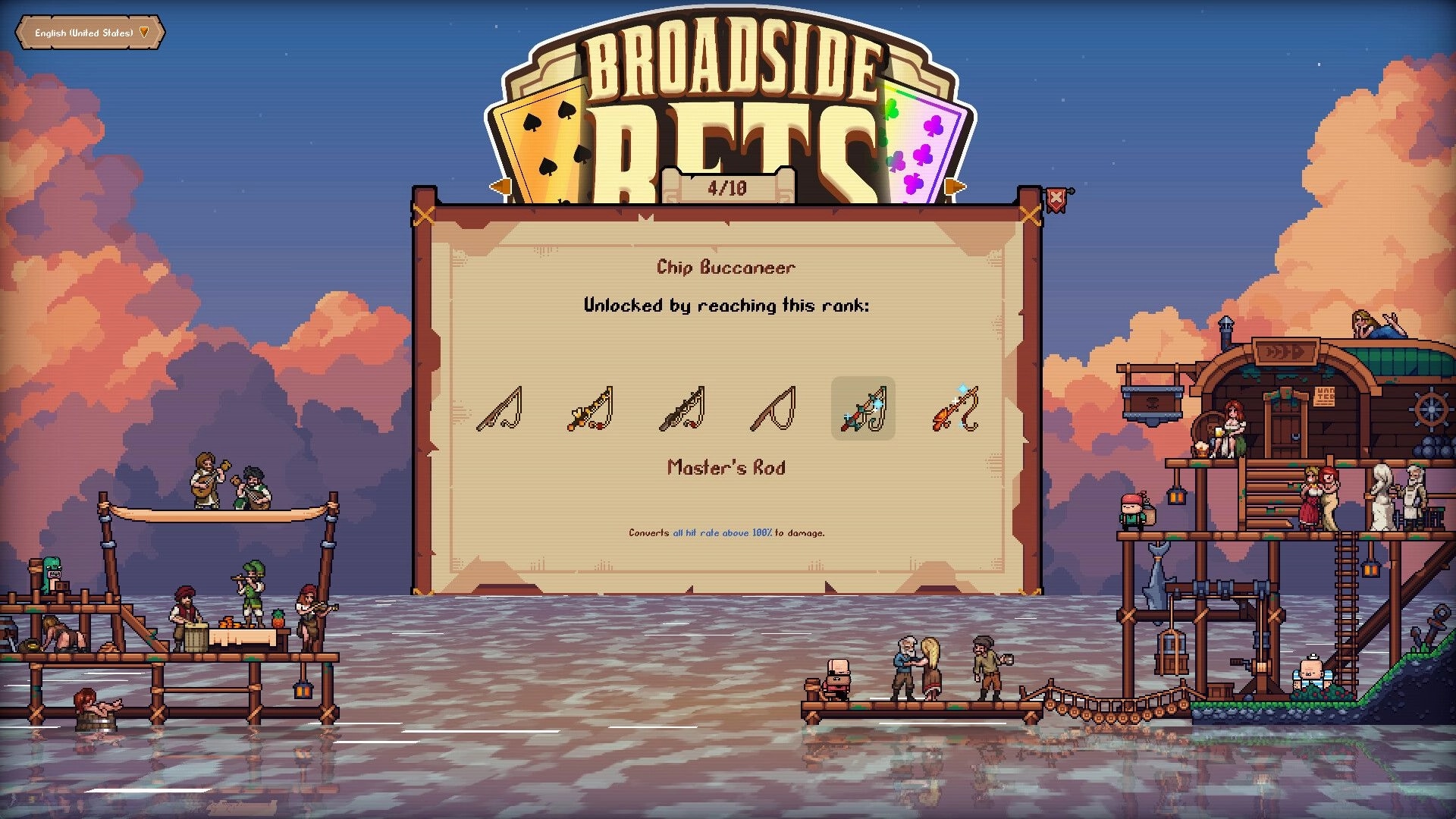 Broadside Bets: Chip Buccaneer unlocks pop-up with Master’s Rod item icons over a seaside dock hub.