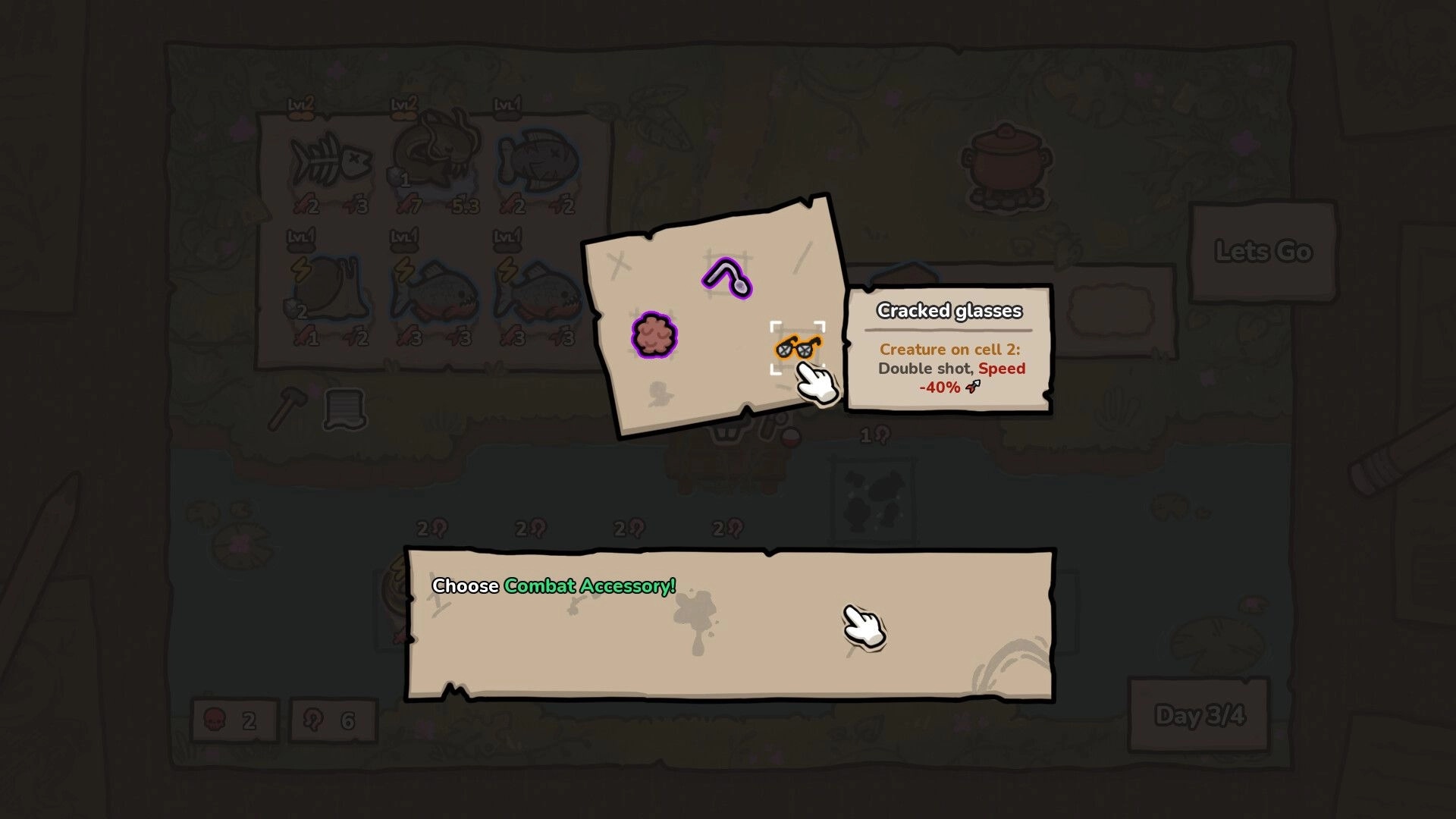 Brofish: Choosing combat accessory with cracked glasses tooltip in inventory menu on day 3/4