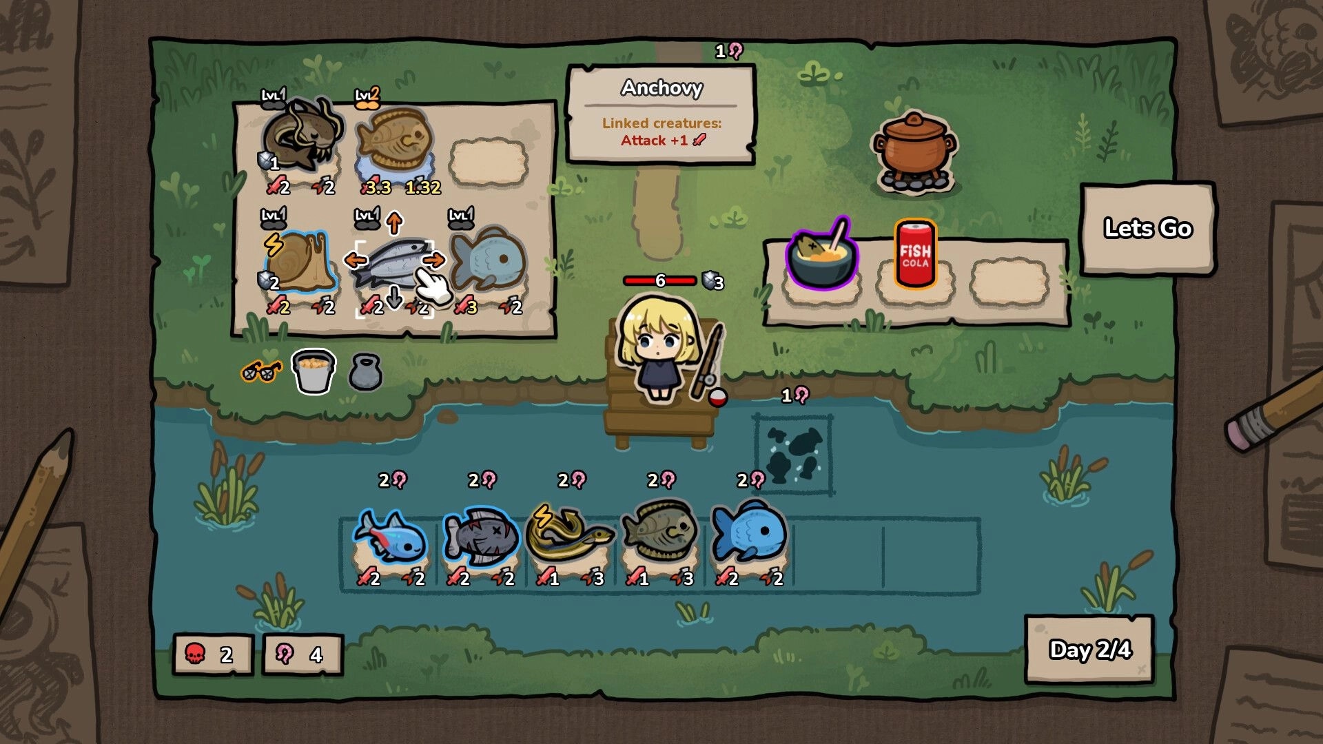 Brofish: Character on dock manages creatures and inventory in a strategic fishing setup.