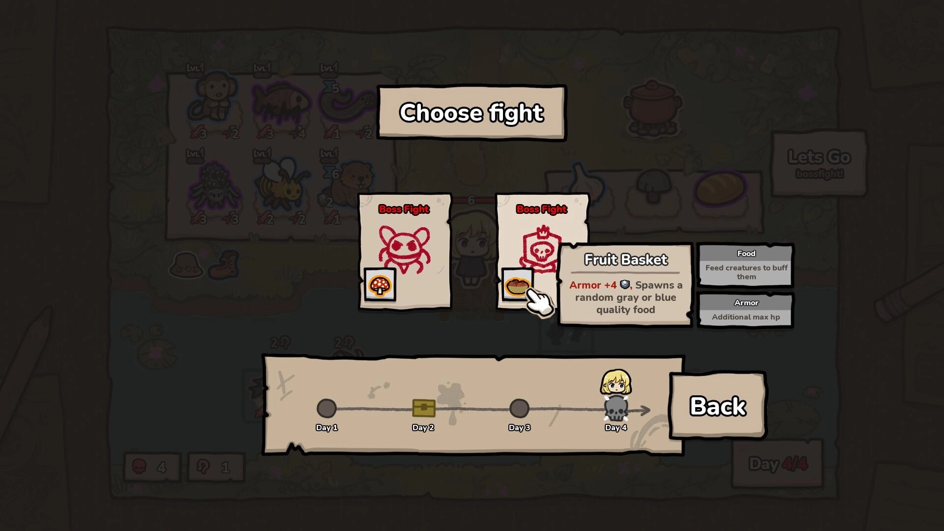 Brofish: Choose fight screen with boss options and map showing progression on Day 4 with character icon.