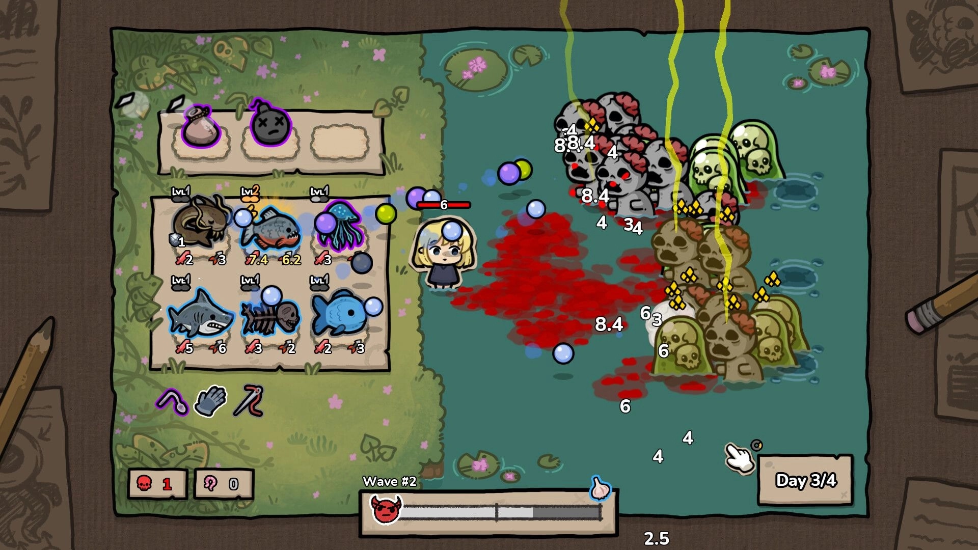 Brofish: Character manages fish inventory while battling undead in a colorful aquatic setting.