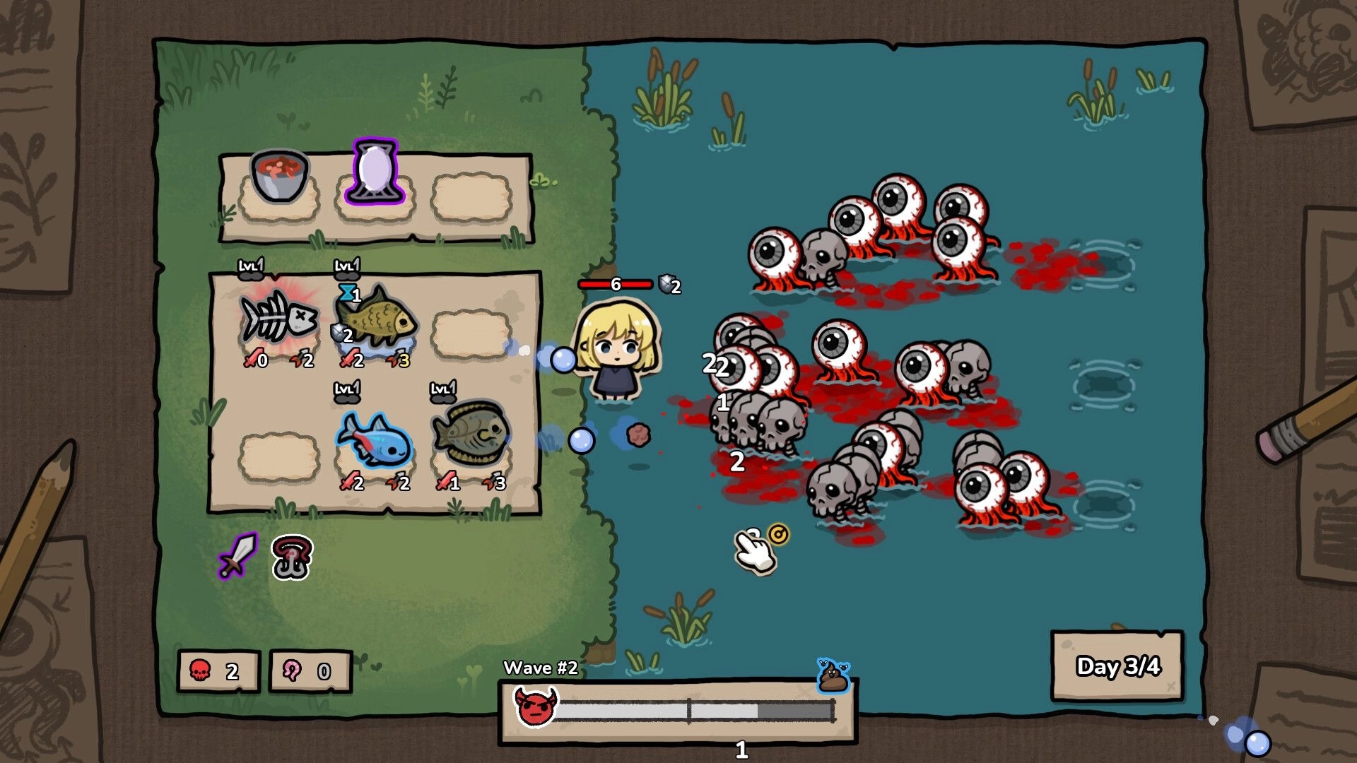 Brofish: Character battles undead wave with fish allies in a grassy field and watery terrain setting.