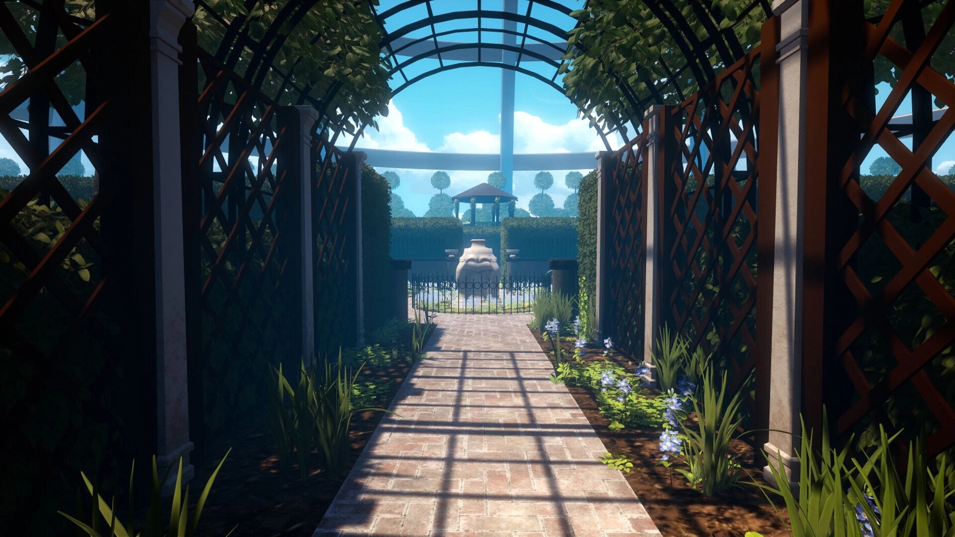 Broken Aperture: Pathway through a shaded garden archway leading to a fountain under a clear blue sky.