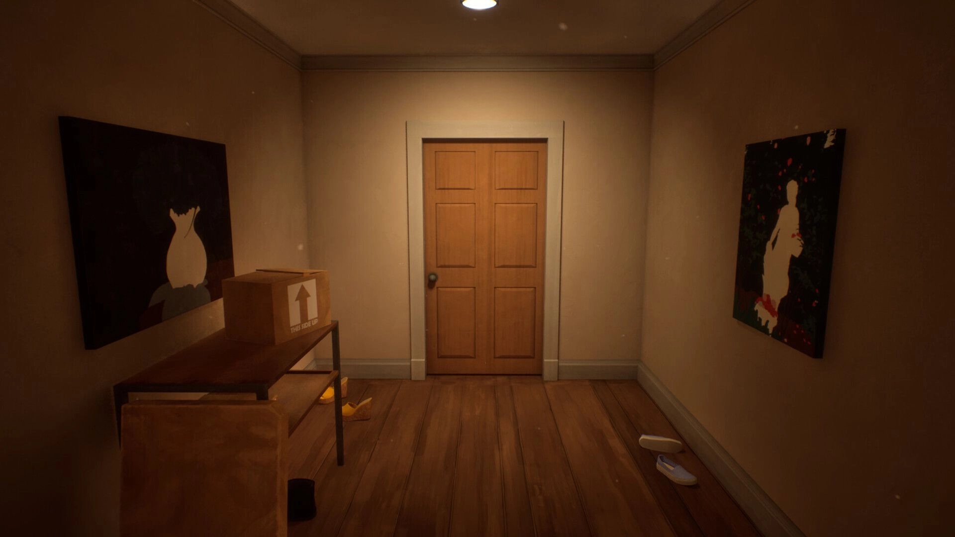 Broken Aperture: Hallway with wooden door, artwork on walls, and scattered shoes on wooden floor.