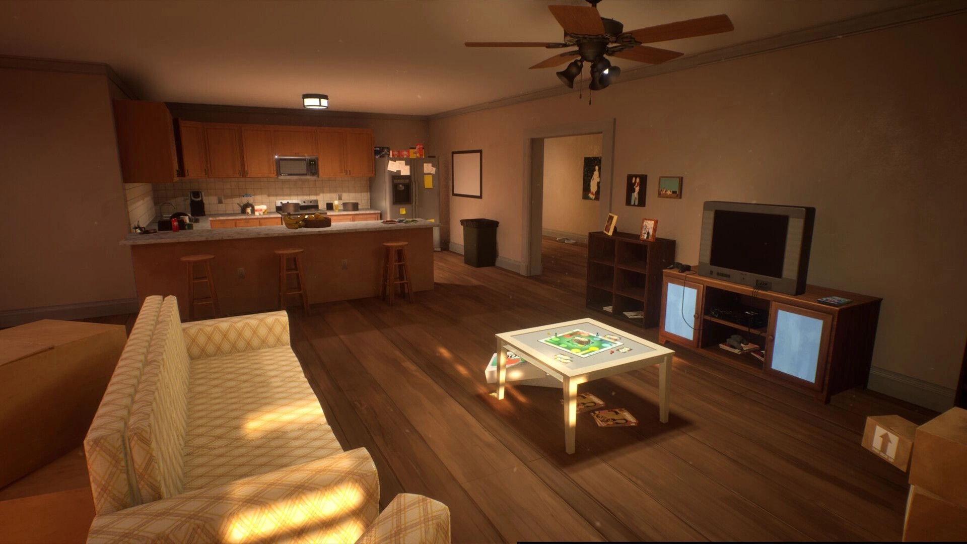 Broken Aperture: Cozy living room with board game on table, kitchen in background, framed photos visible