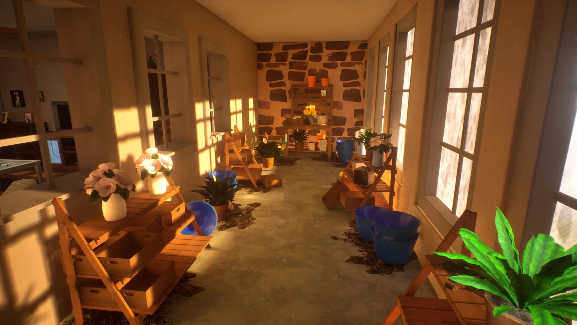 Broken Aperture: Sunlit hallway filled with potted plants and wooden shelves in a cozy indoor setting