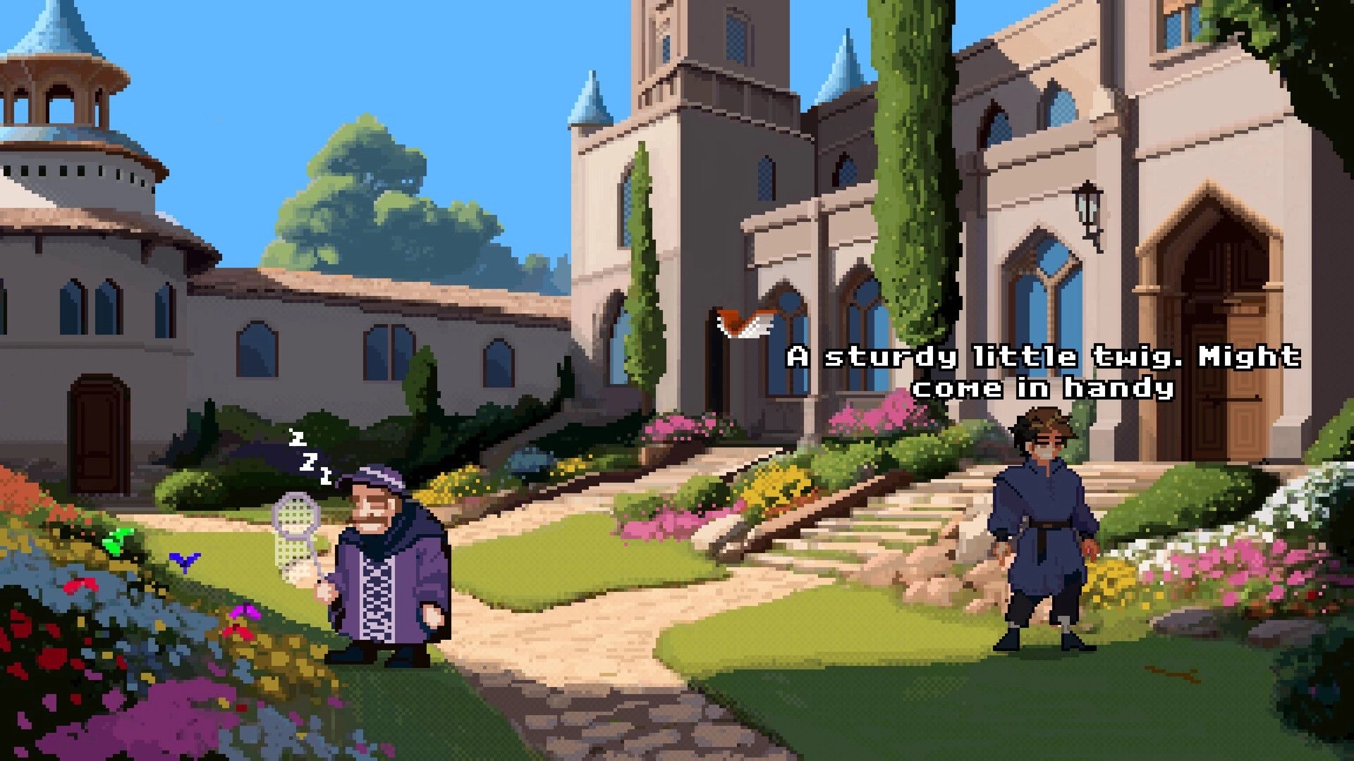 Broken Relic: Character explores garden with snoozing guard and text hinting at useful twig nearby