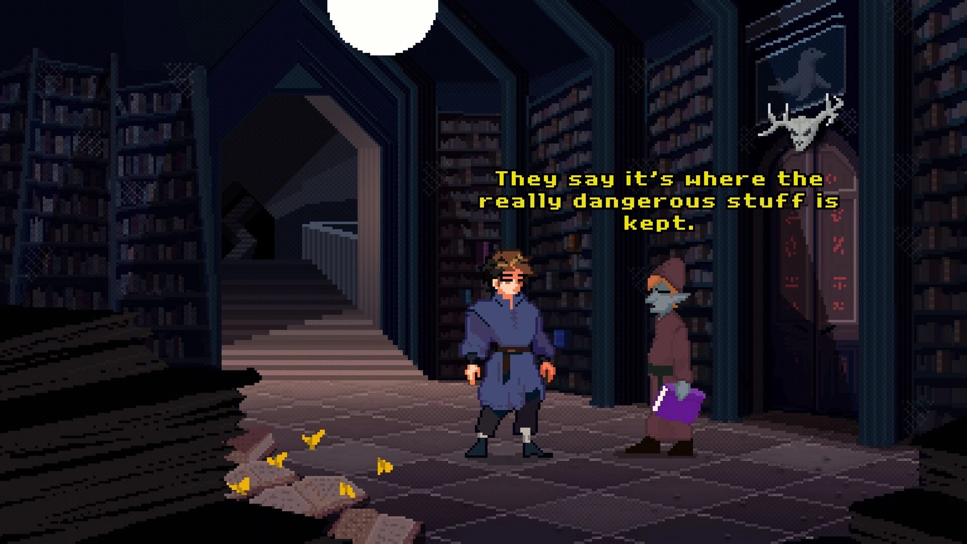 Broken Relic: Two characters conversing in a dim library with shelves and mysterious glowing symbols.