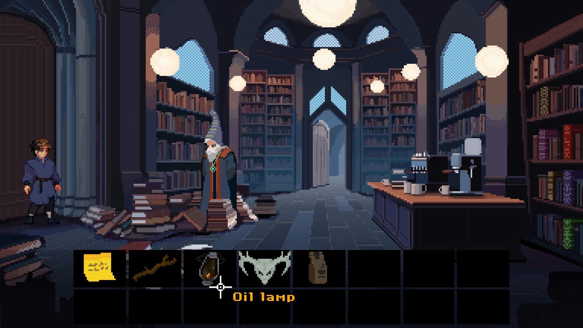 Broken Relic: Wizard and young character in dim library with bookshelves and inventory showing oil lamp