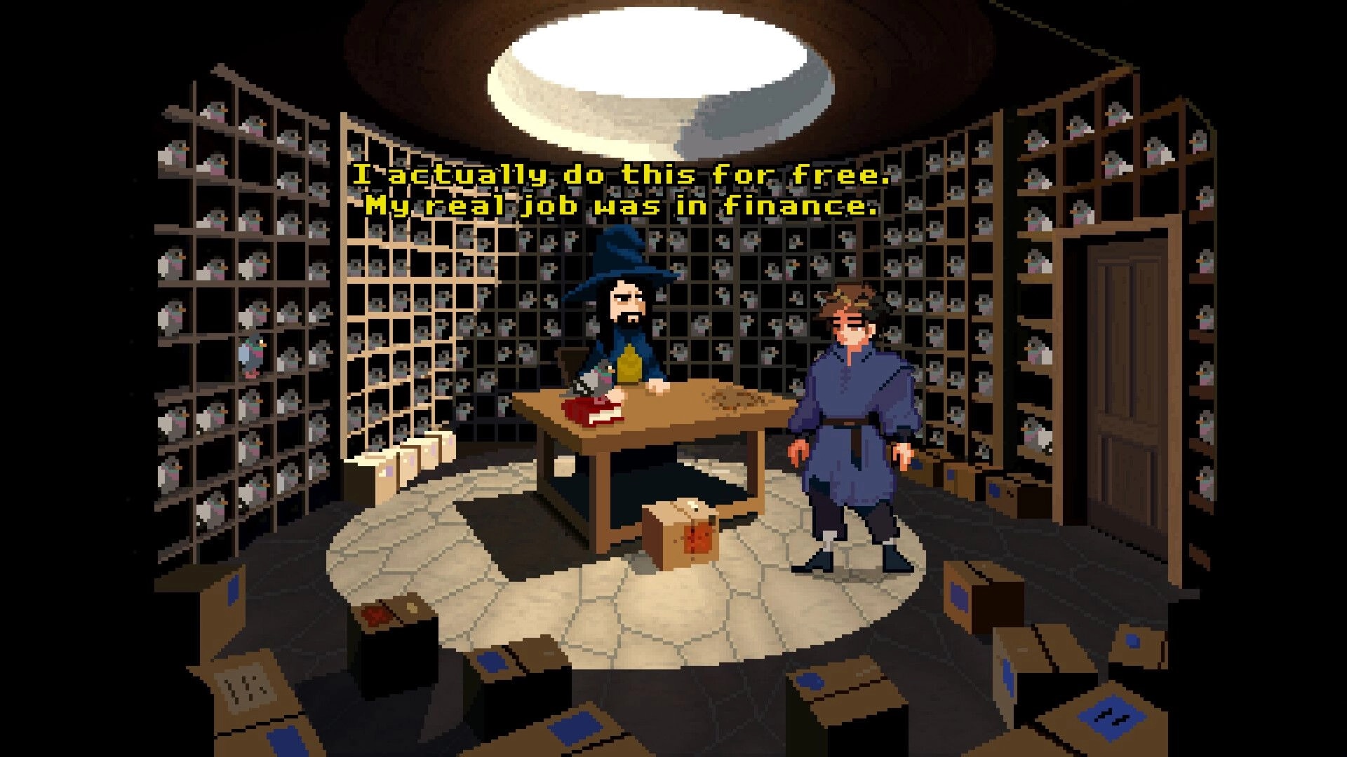Broken Relic: Two characters converse in a dimly lit library filled with shelves of scrolls and boxes.