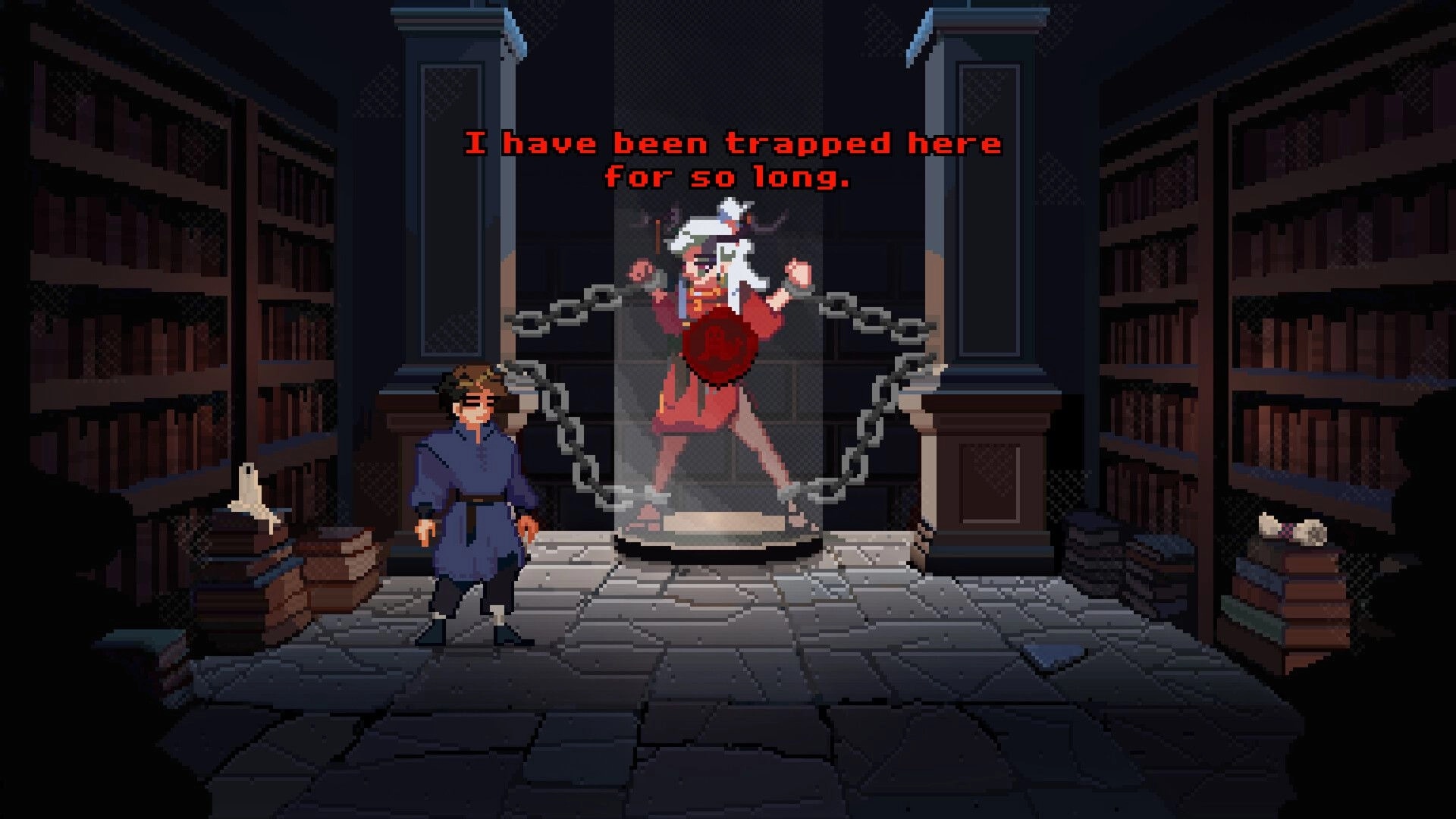 Broken Relic: Character faces chained figure in dark library with stacks of books and mysterious ambiance