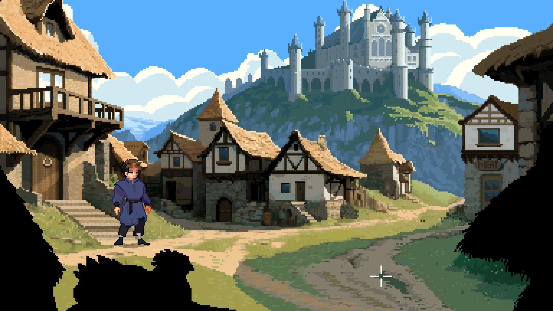 Broken Relic: Character explores medieval village with castle in background under clear blue sky