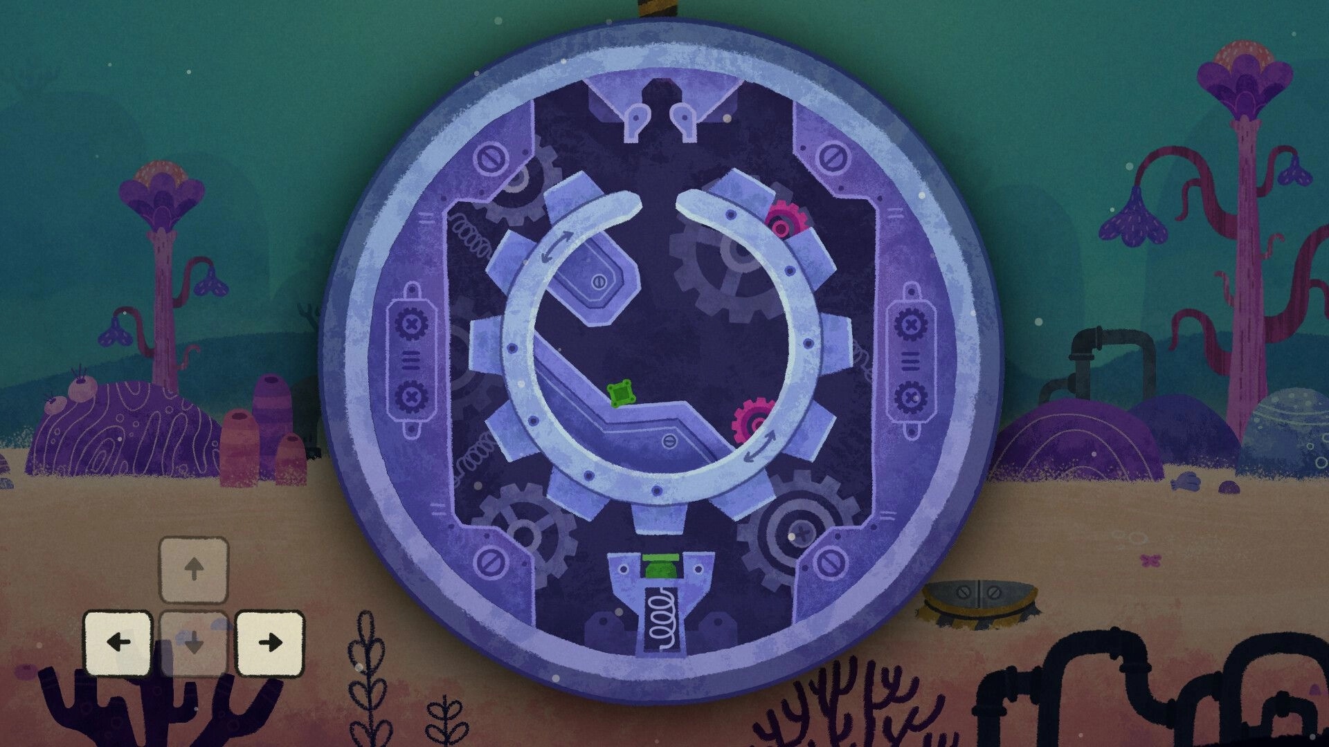 Broken Shell: Puzzle wheel with gears and arrows in a whimsical landscape with control icons visible