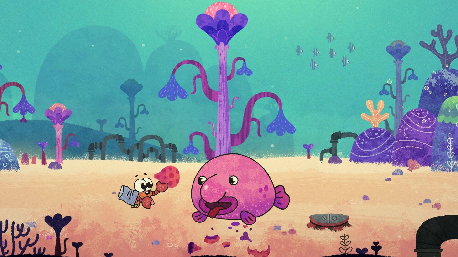 Broken Shell: Mr. Hermit interacts with a large pink fish in a vibrant underwater landscape