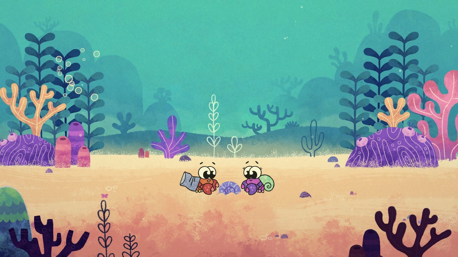 Broken Shell: Mr. and Mrs. Hermit explore a colorful underwater world surrounded by vibrant coral.
