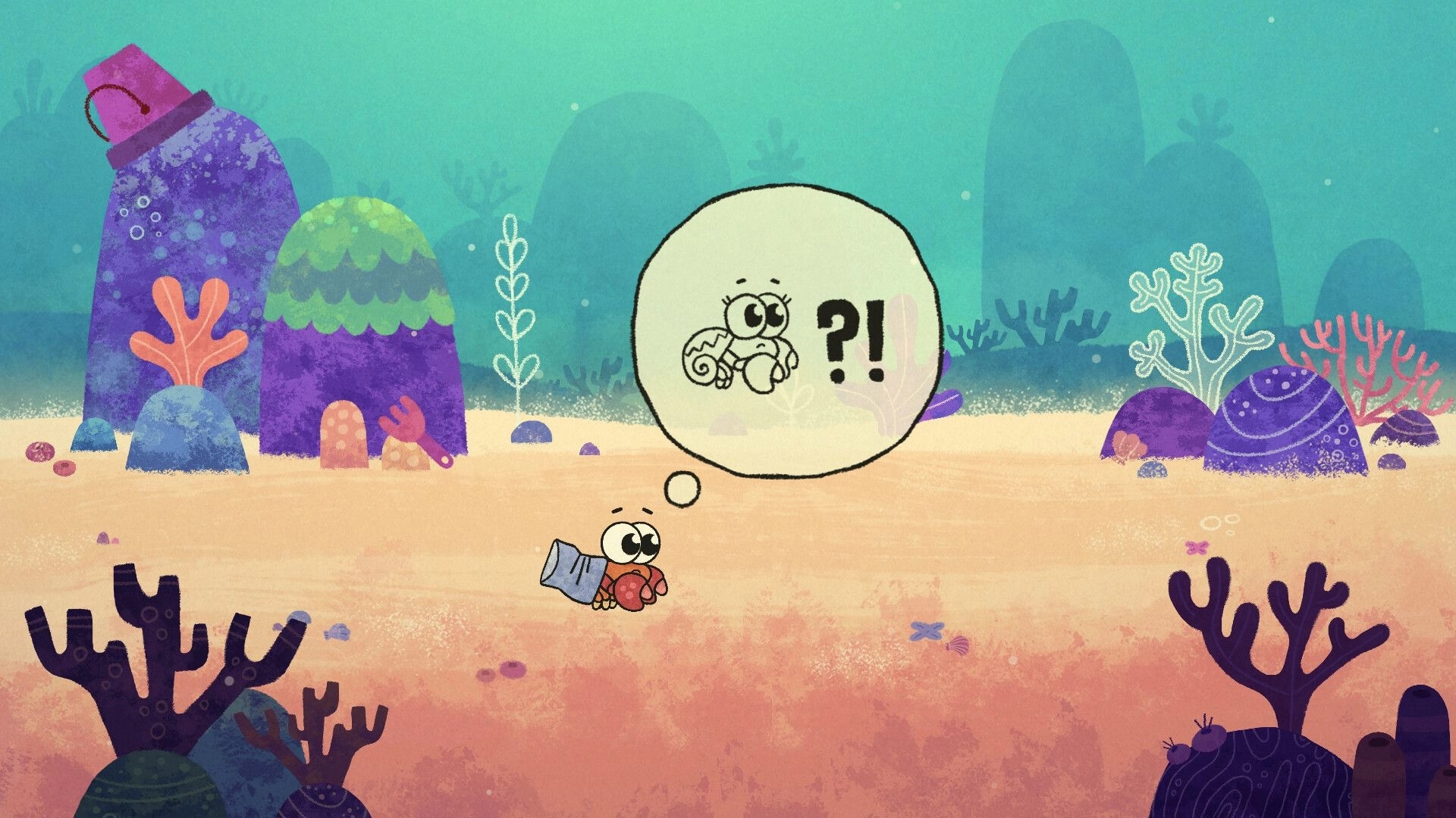 Broken Shell: Mr. Hermit explores underwater landscape with thought bubble showing a worried expression