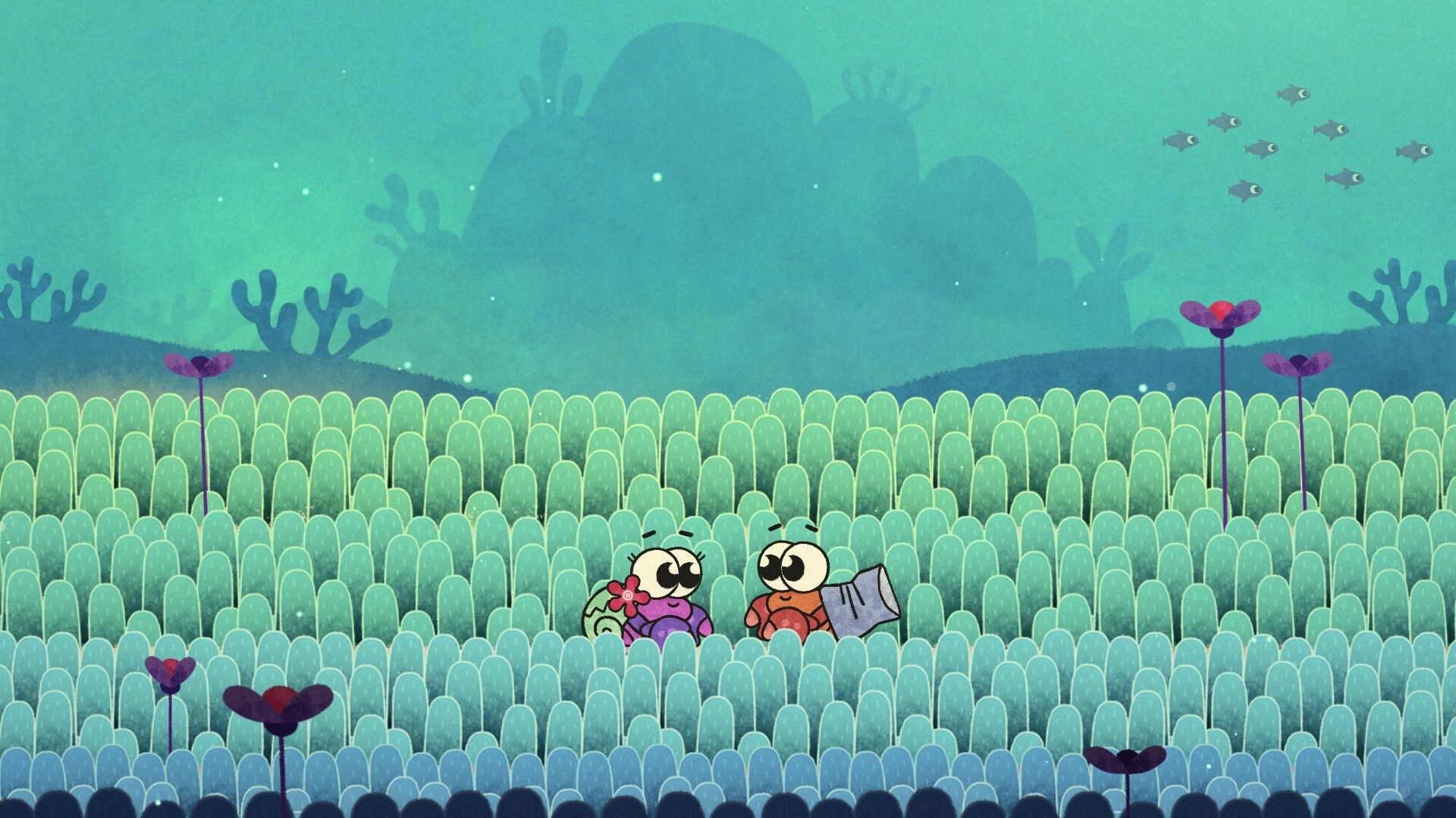 Broken Shell: Mr. and Mrs. Hermit explore a vibrant underwater meadow with tall plants and distant fish.