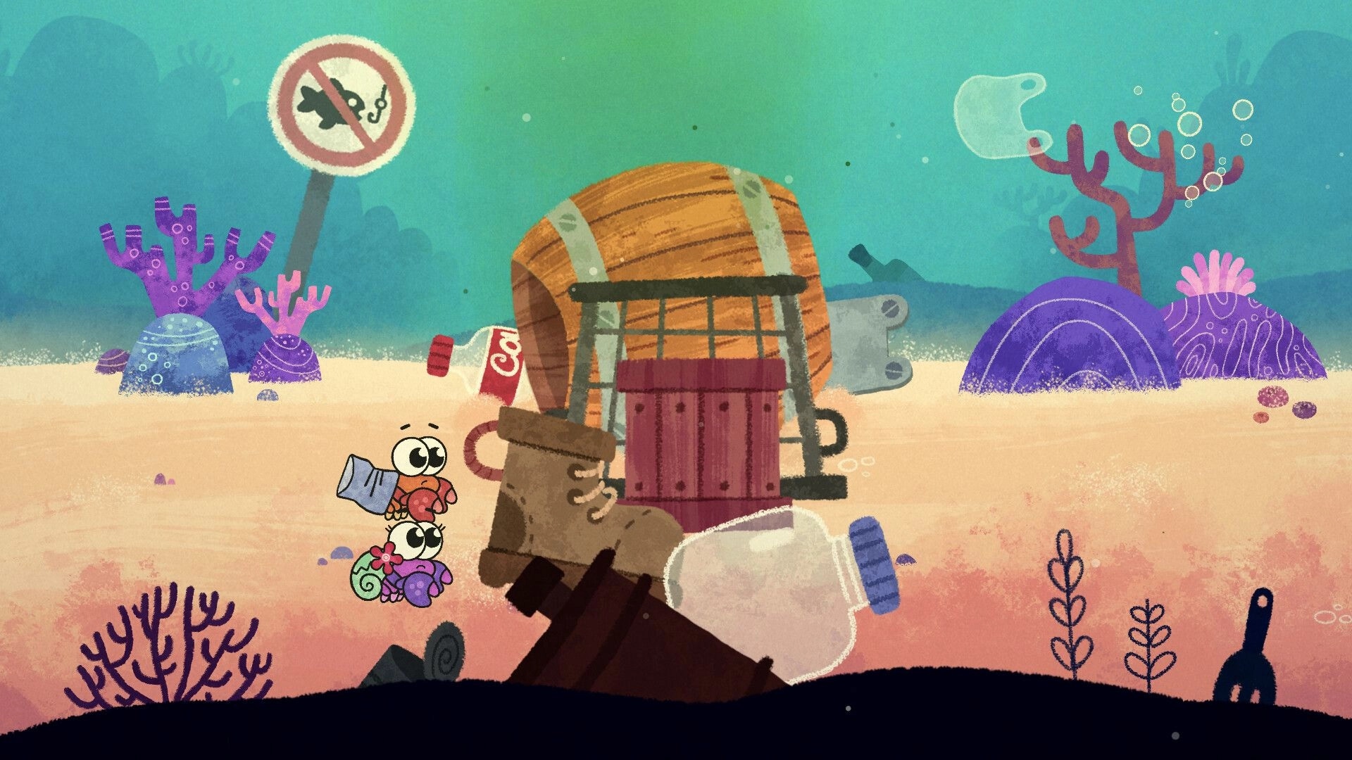 Broken Shell: Mr. and Mrs. Hermit explore a colorful seabed filled with debris and vibrant coral reefs.
