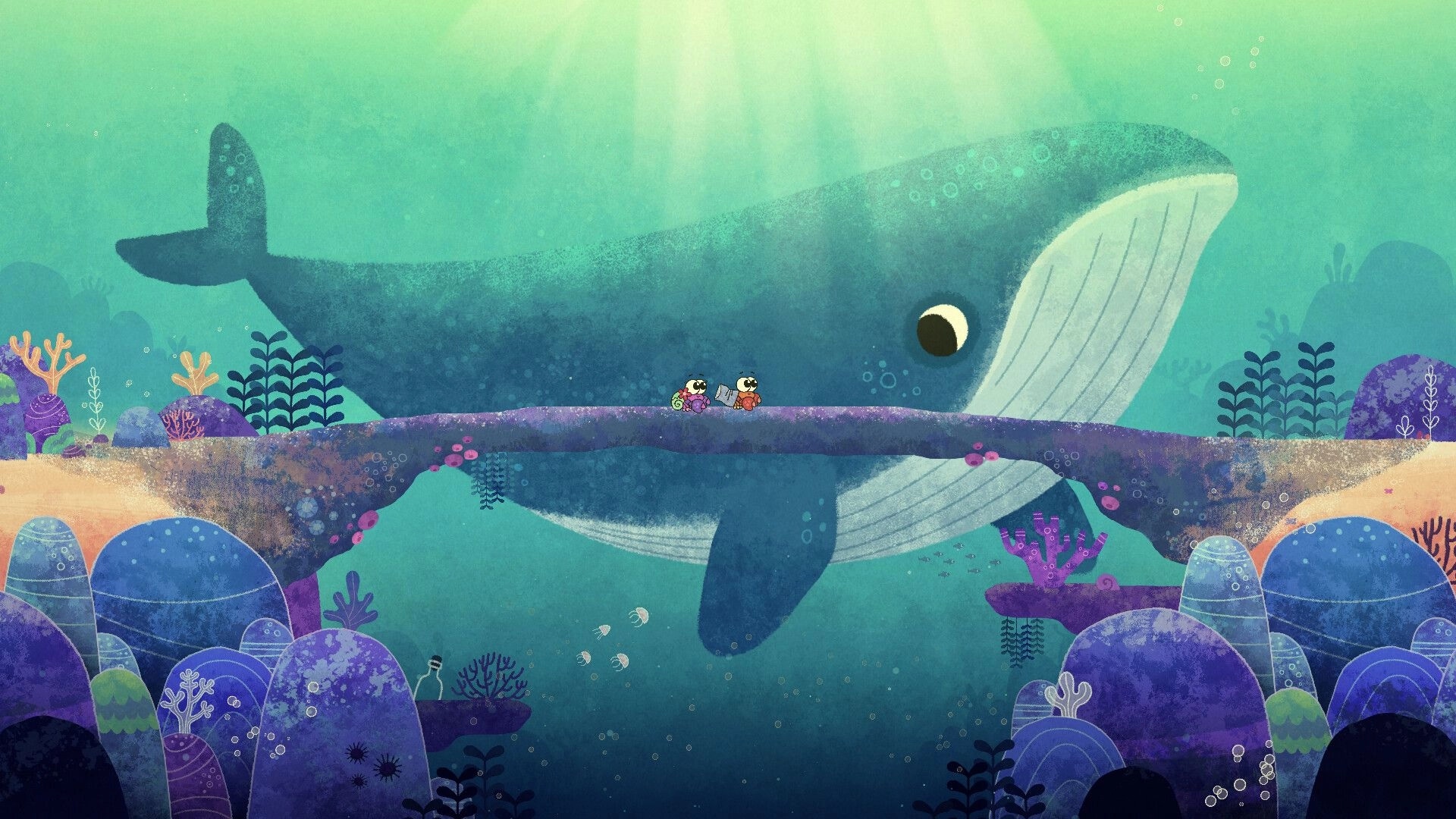 Broken Shell: Mr. and Mrs. Hermit walk on coral bridge above giant whale in vibrant underwater world.