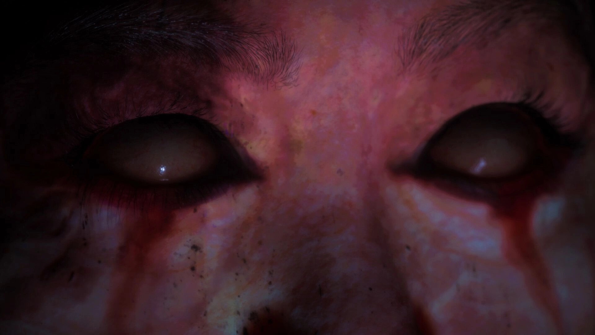 BrokenLore: Extreme close-up of bloodshot eyes and bruised skin in a dark, claustrophobic scene.