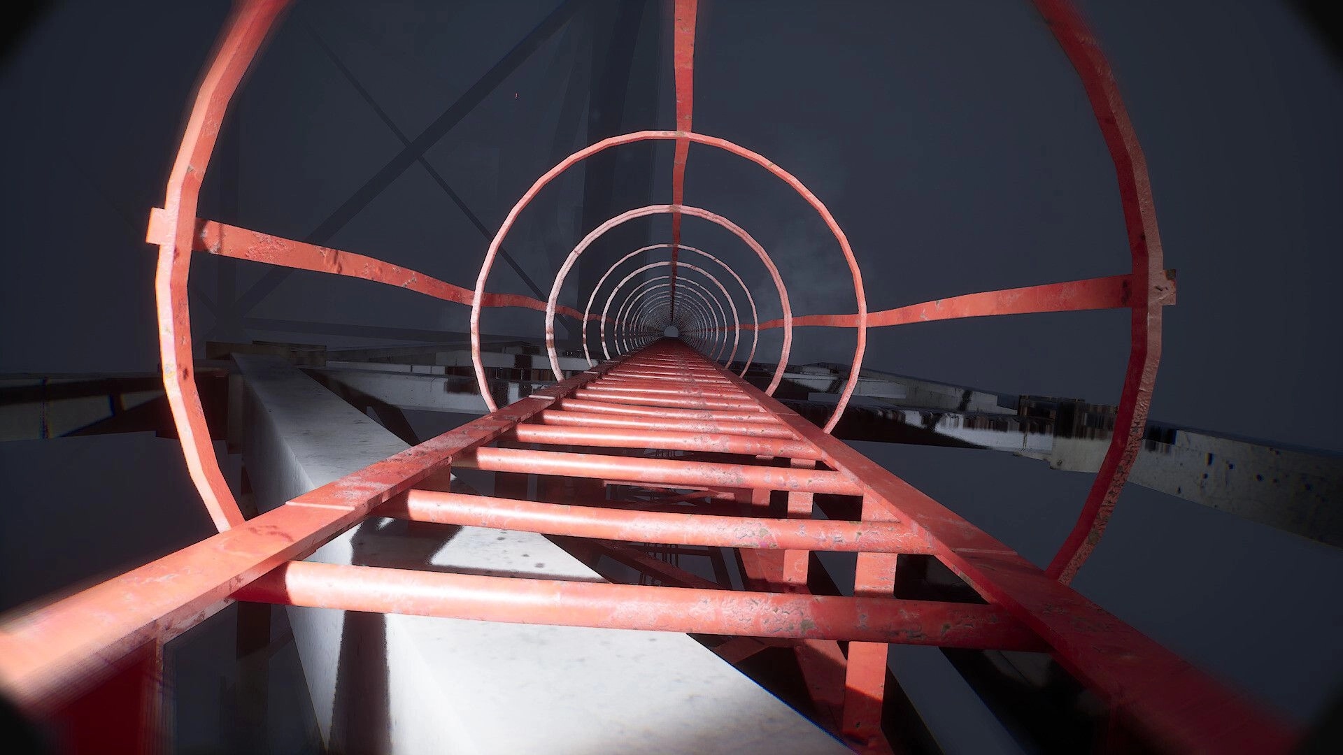 BrokenLore: First-person climb along a red ladder inside a circular cage high above foggy beams.