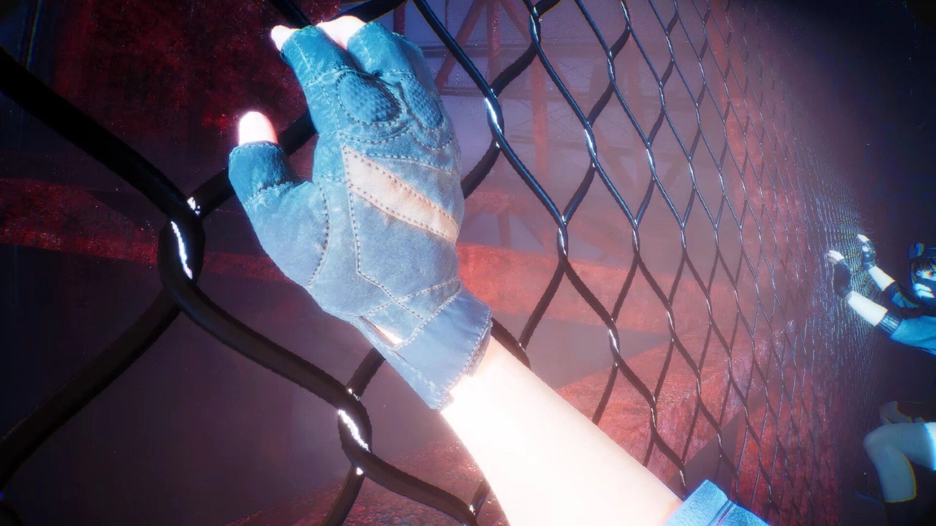 BrokenLore: Gloved hands gripping a chain-link fence in first-person on a misty red-lit rooftop tower.
